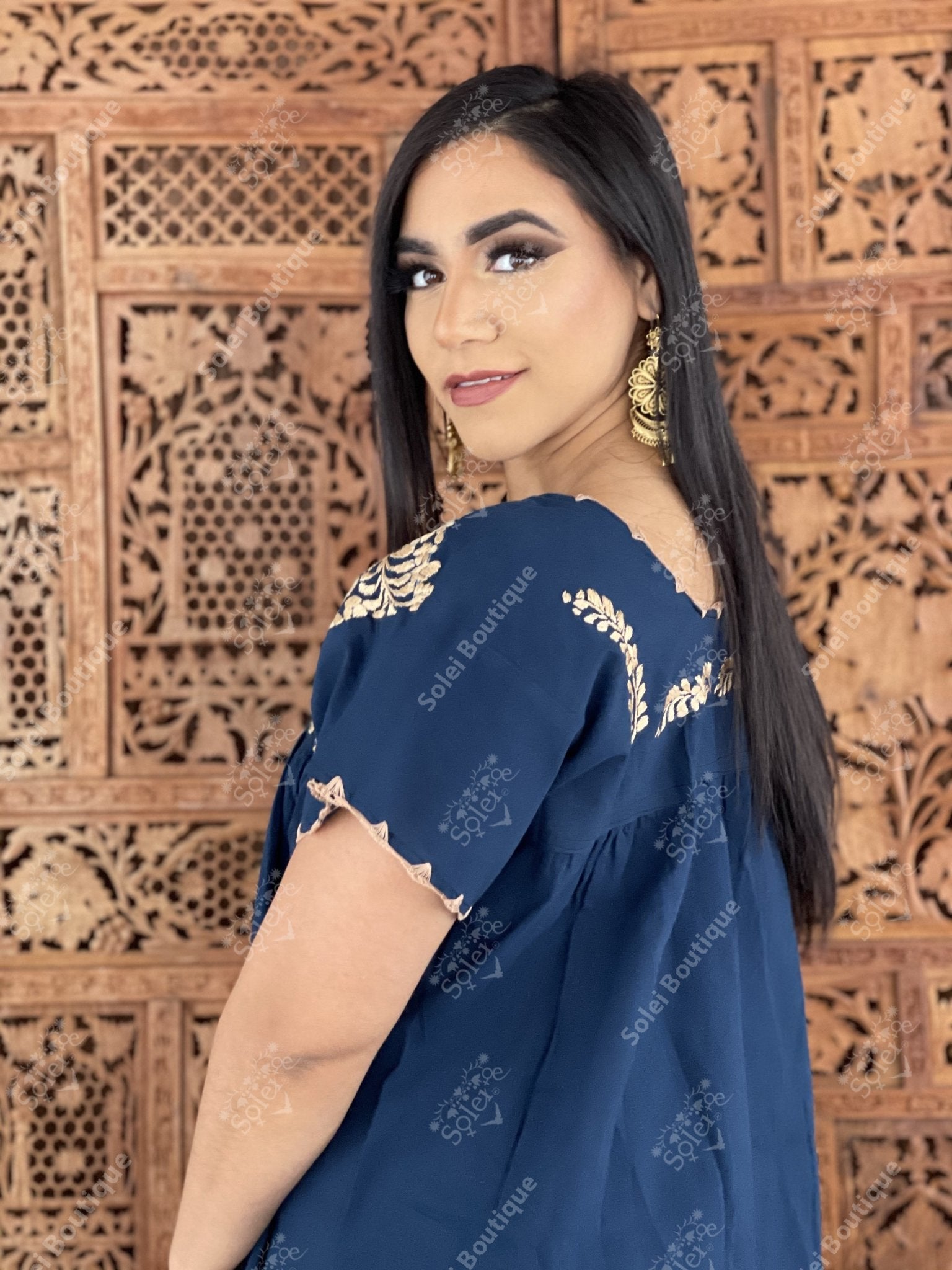 Mexican Golden Embroidered Dress. Hand Embroidered Mexican Dress. Enedina Dress. - Solei Store