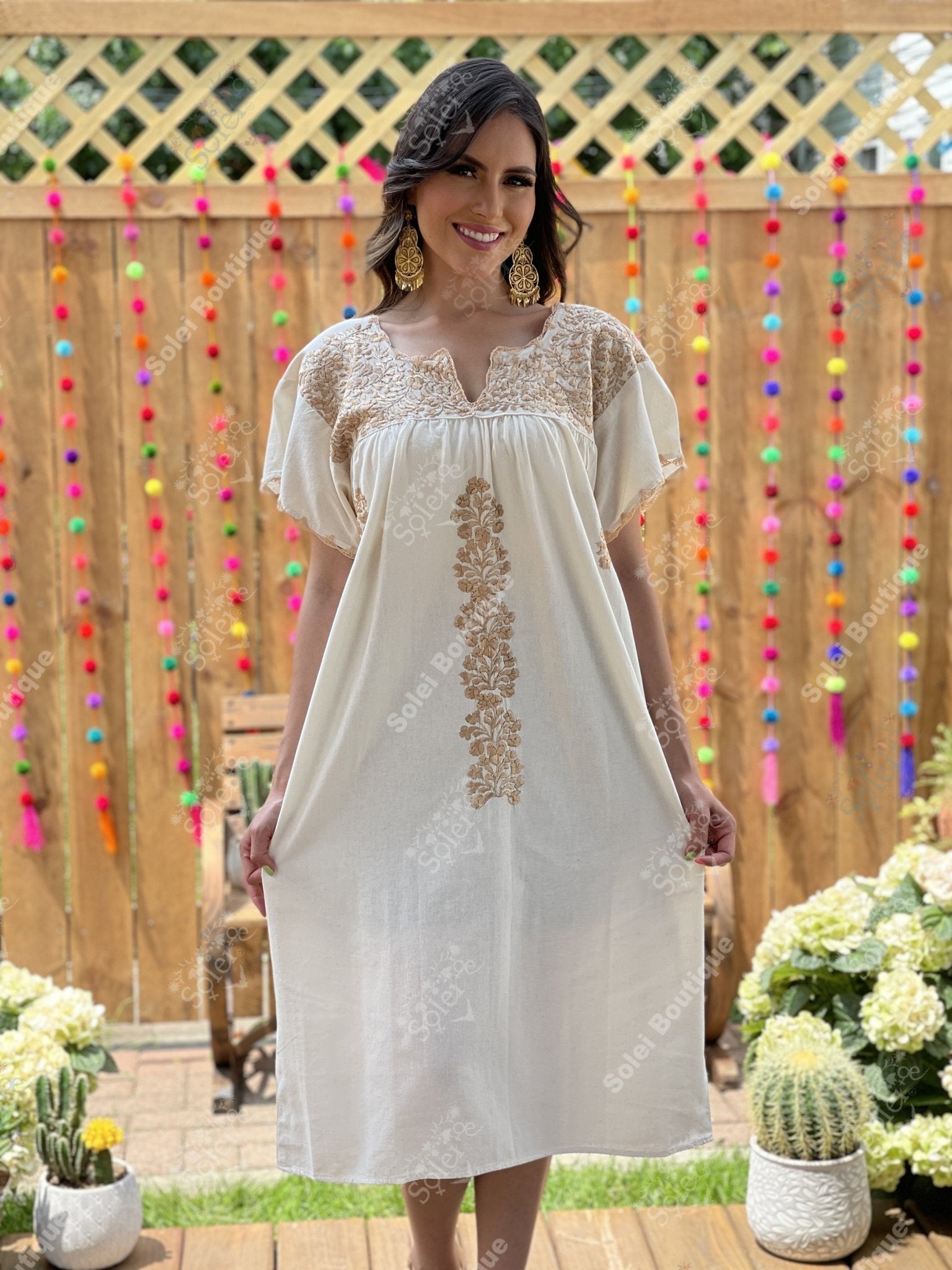Mexican Golden Embroidered Dress. Hand Embroidered Mexican Dress. Enedina Dress. - Solei Store