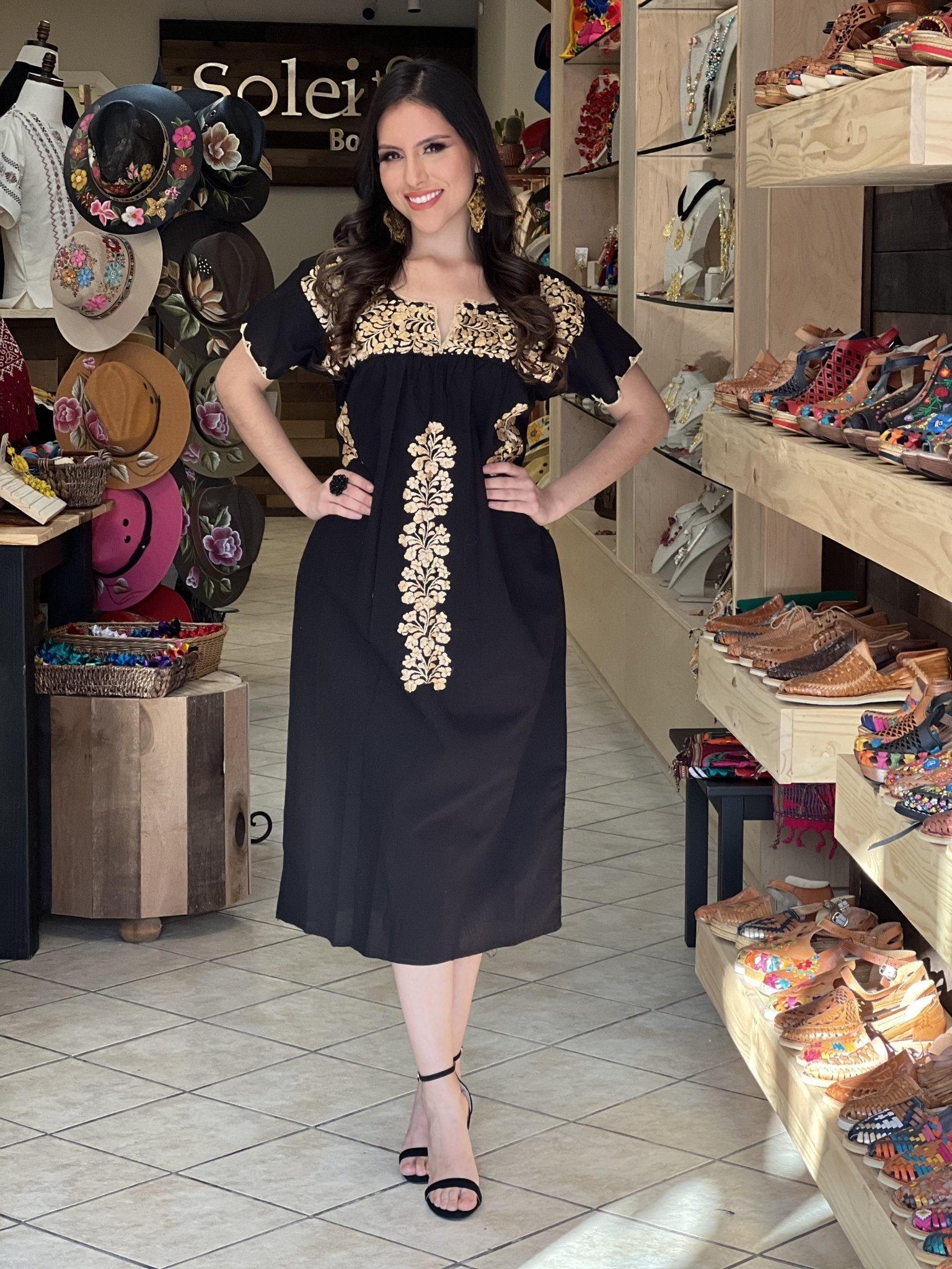 Mexican Golden Embroidered Dress. Hand Embroidered Mexican Dress. Enedina Dress. - Solei Store