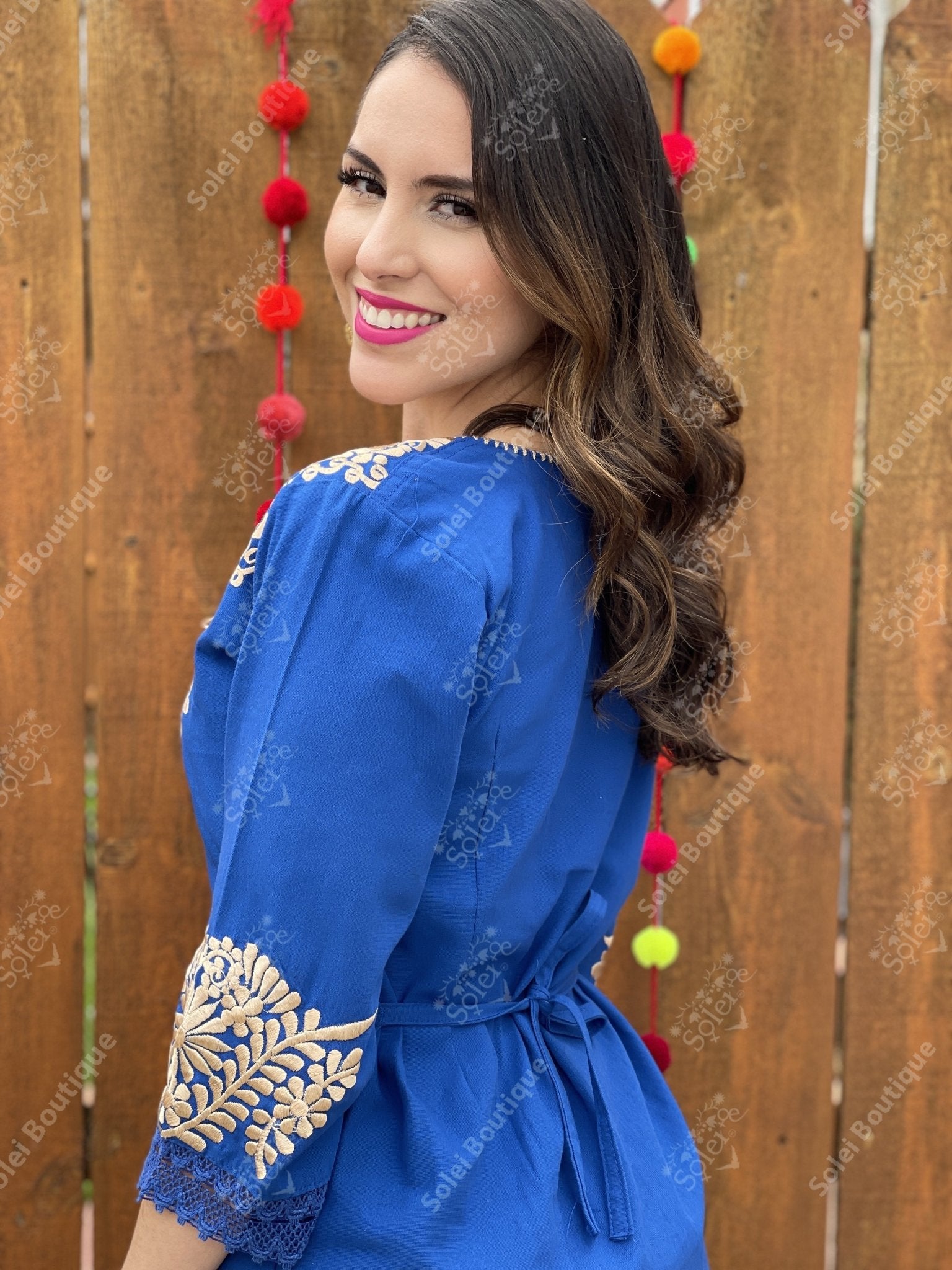 Mexican Golden Embroidered Dress. Kimono Deluxe. - Solei Store