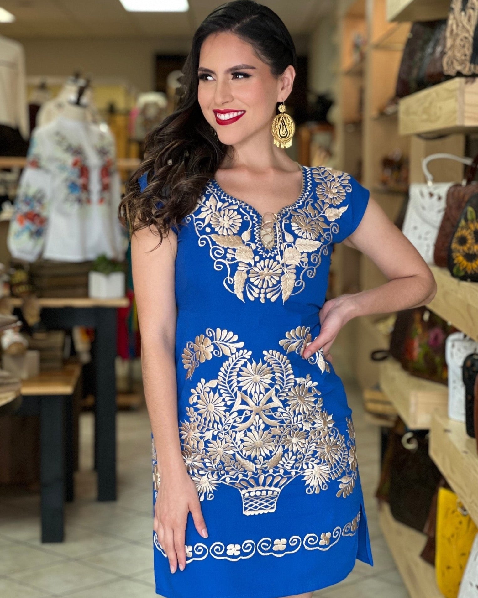 Mexican Golden Embroidered Dress. Vestido Kimono Dorado - Solei Store