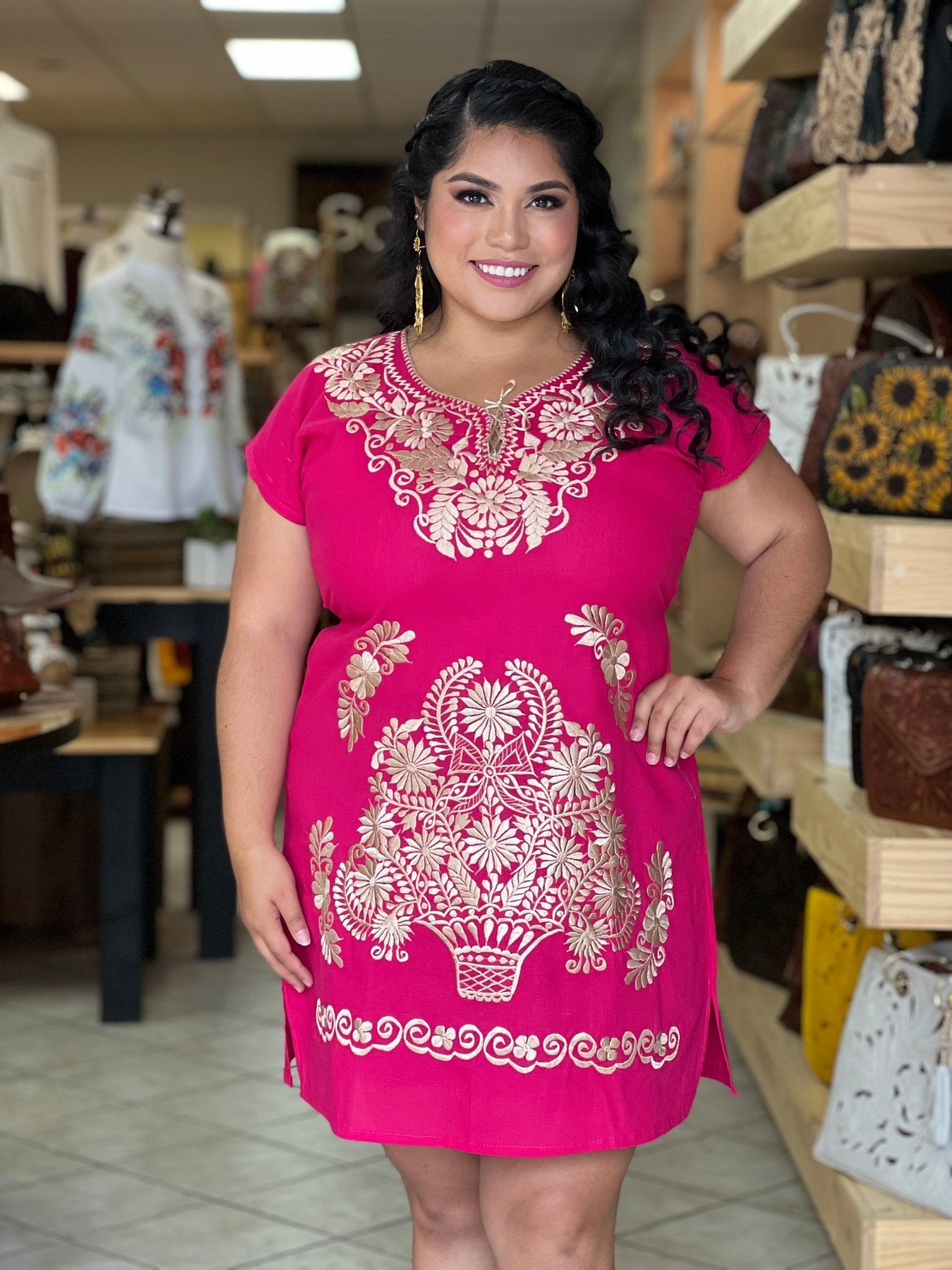Mexican Golden Embroidered Dress. Vestido Kimono Dorado - Solei Store