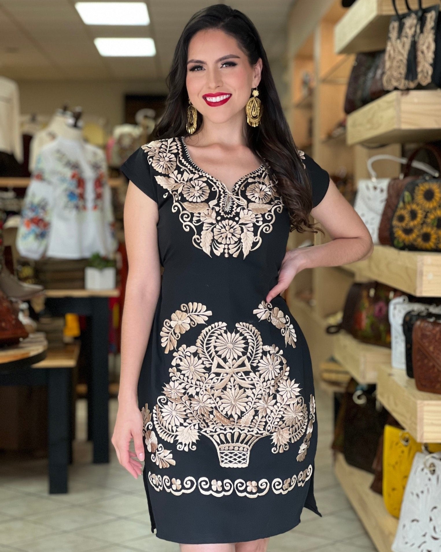 Mexican Golden Embroidered Dress. Vestido Kimono Dorado - Solei Store