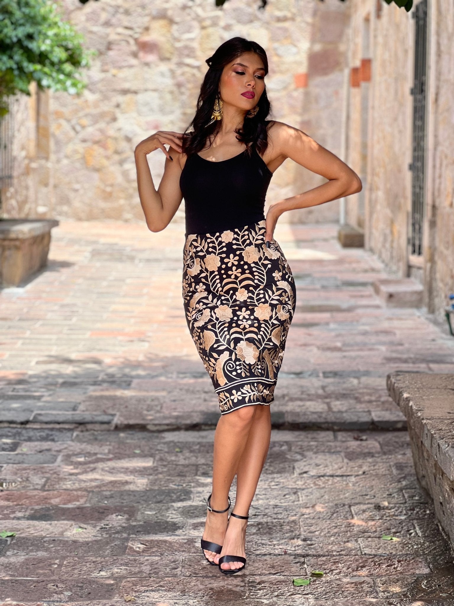 Mexican Golden Embroidered Midi Skirt. Rubi Golden Midi Skirt. - Solei Store