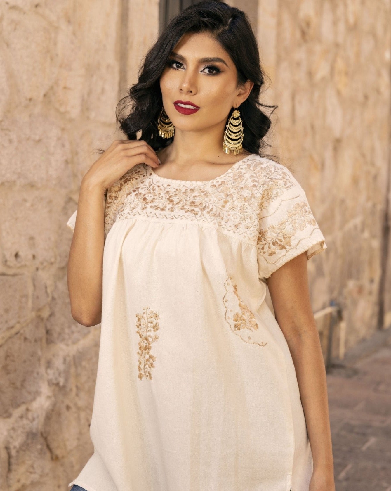 Mexican Golden Embroidered Tunic Blouse. Blusa Toña Dorada. - Solei Store