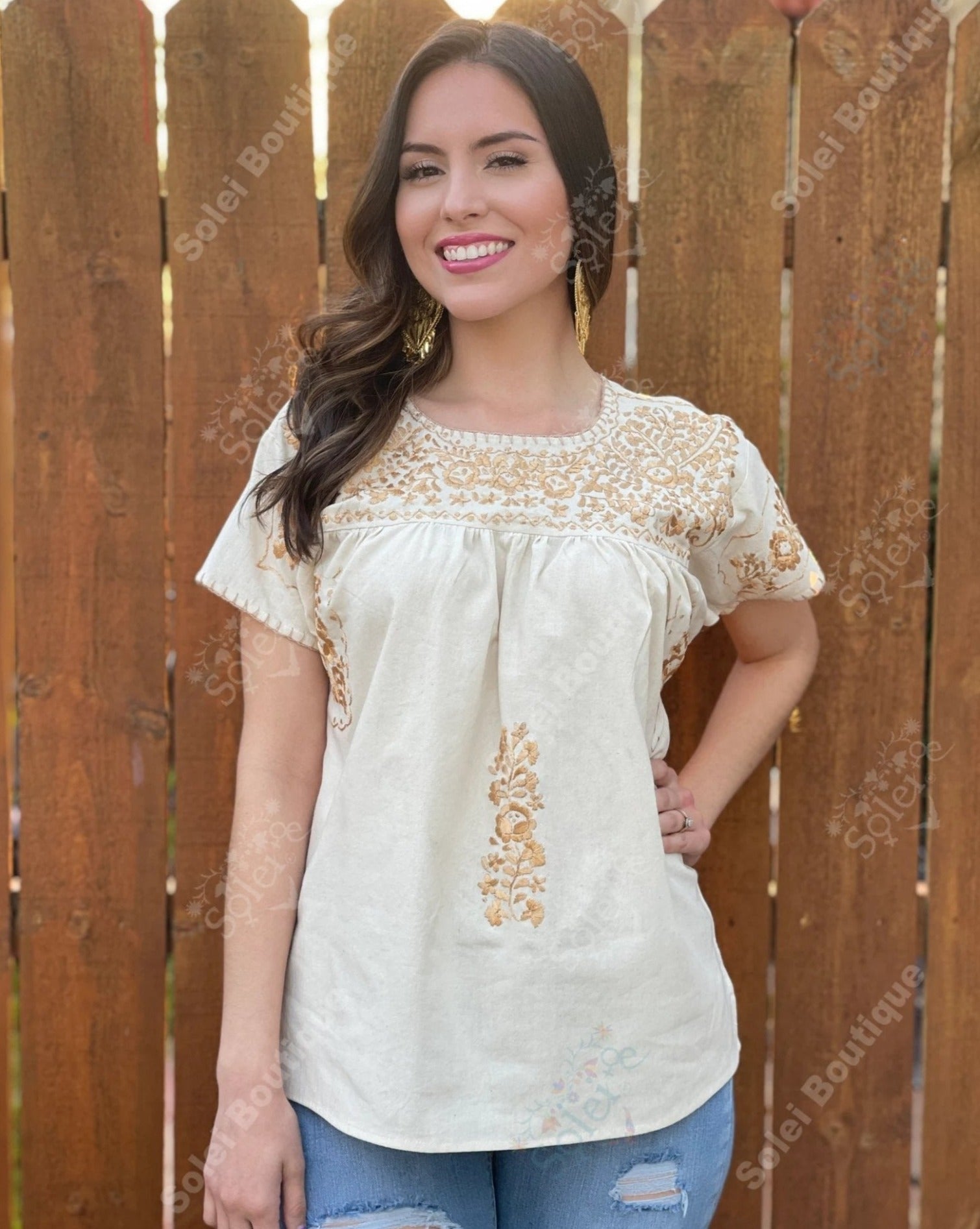 Mexican Golden Embroidered Tunic Blouse. Blusa Toña Dorada. - Solei Store