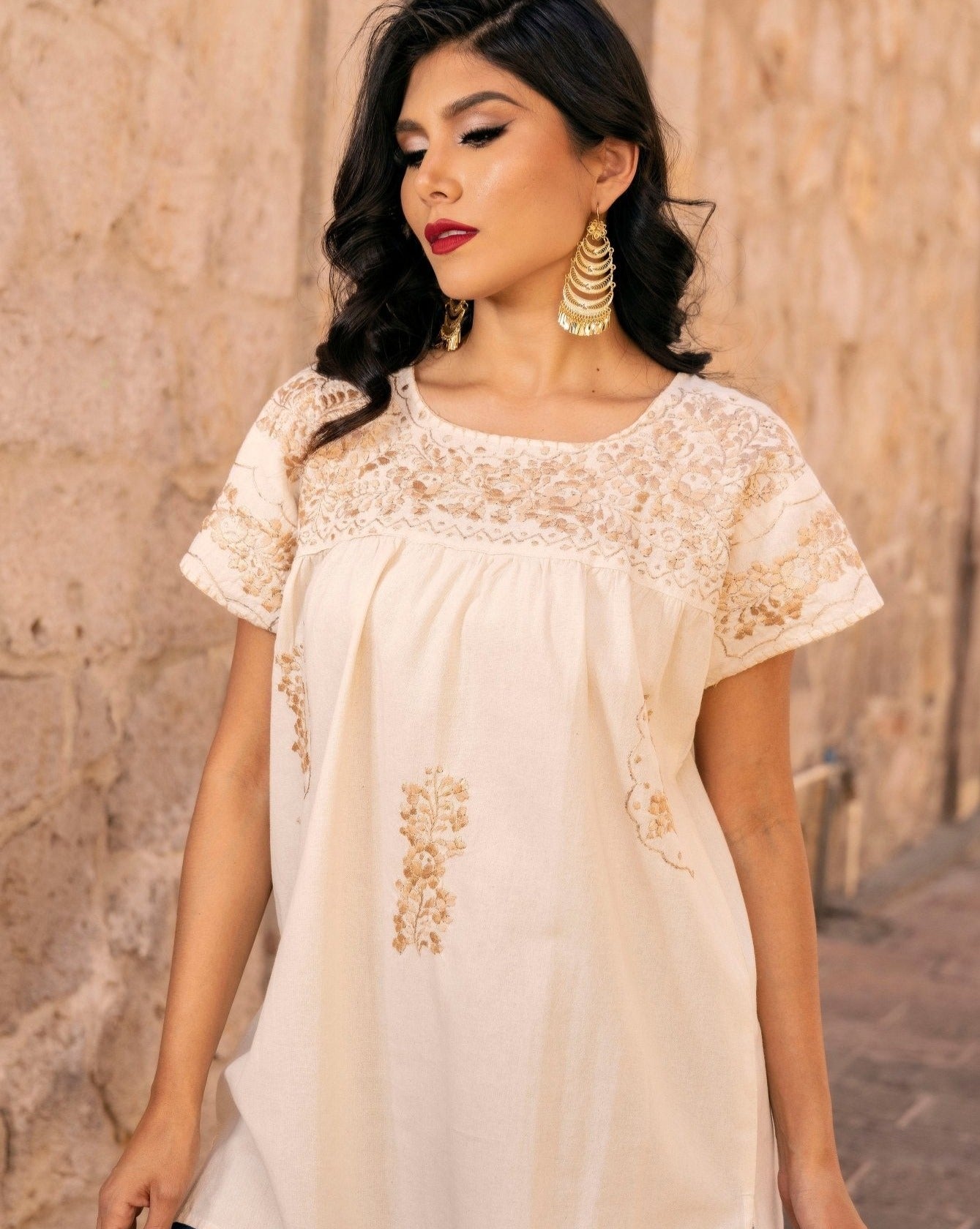 Mexican Golden Embroidered Tunic Blouse. Blusa Toña Dorada. - Solei Store