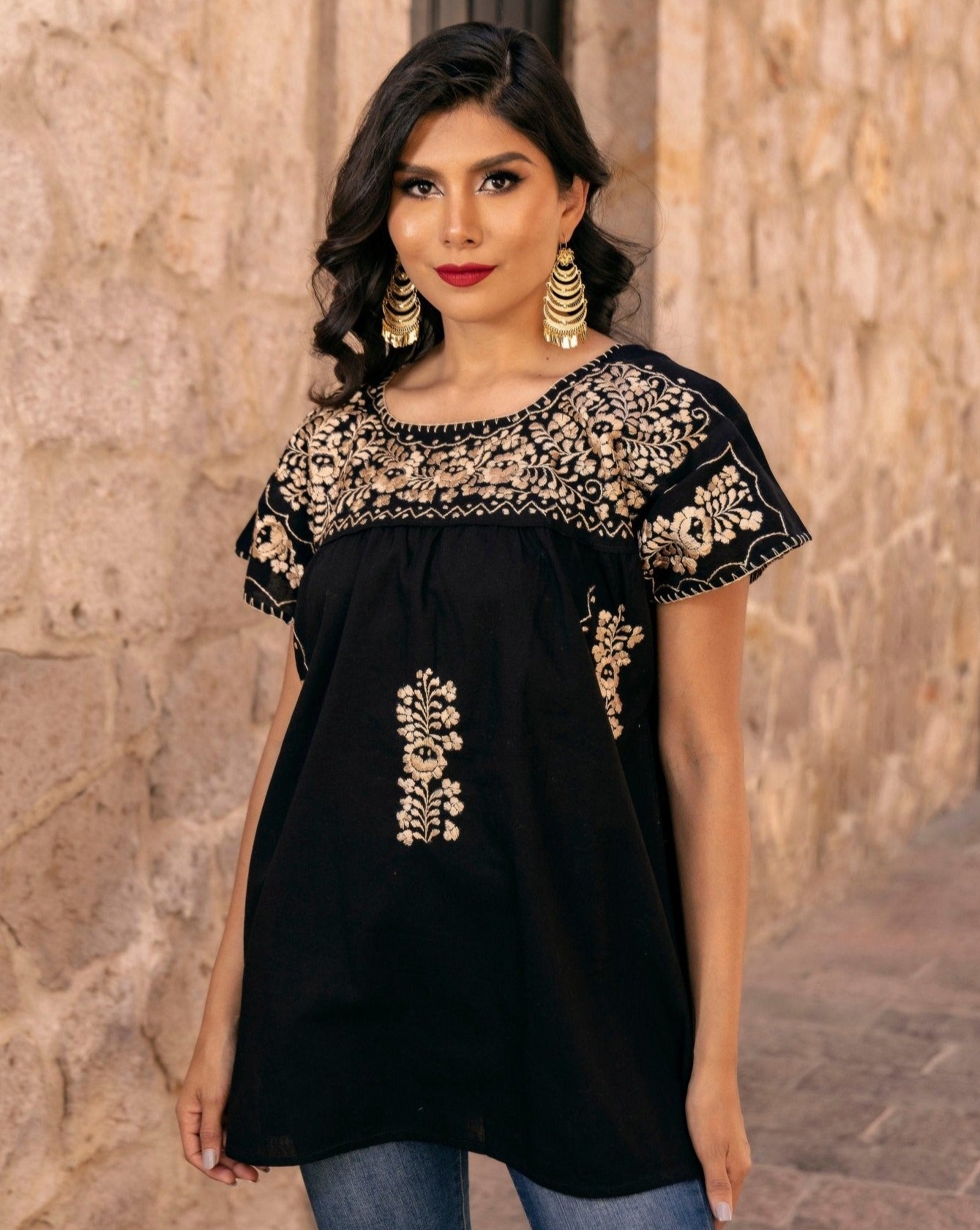 Mexican Golden Embroidered Tunic Blouse. Blusa Toña Dorada. - Solei Store