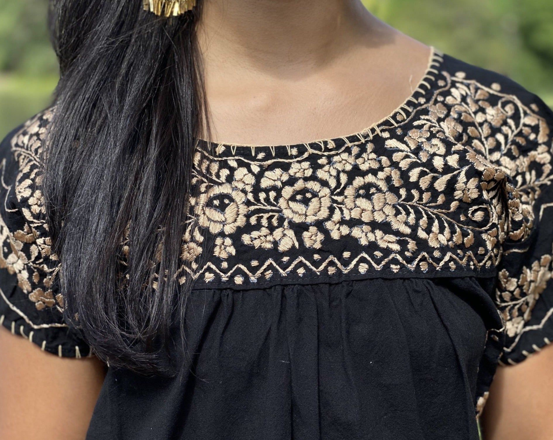 Mexican Golden Embroidered Tunic Blouse. Toña Blouse. - Solei Store
