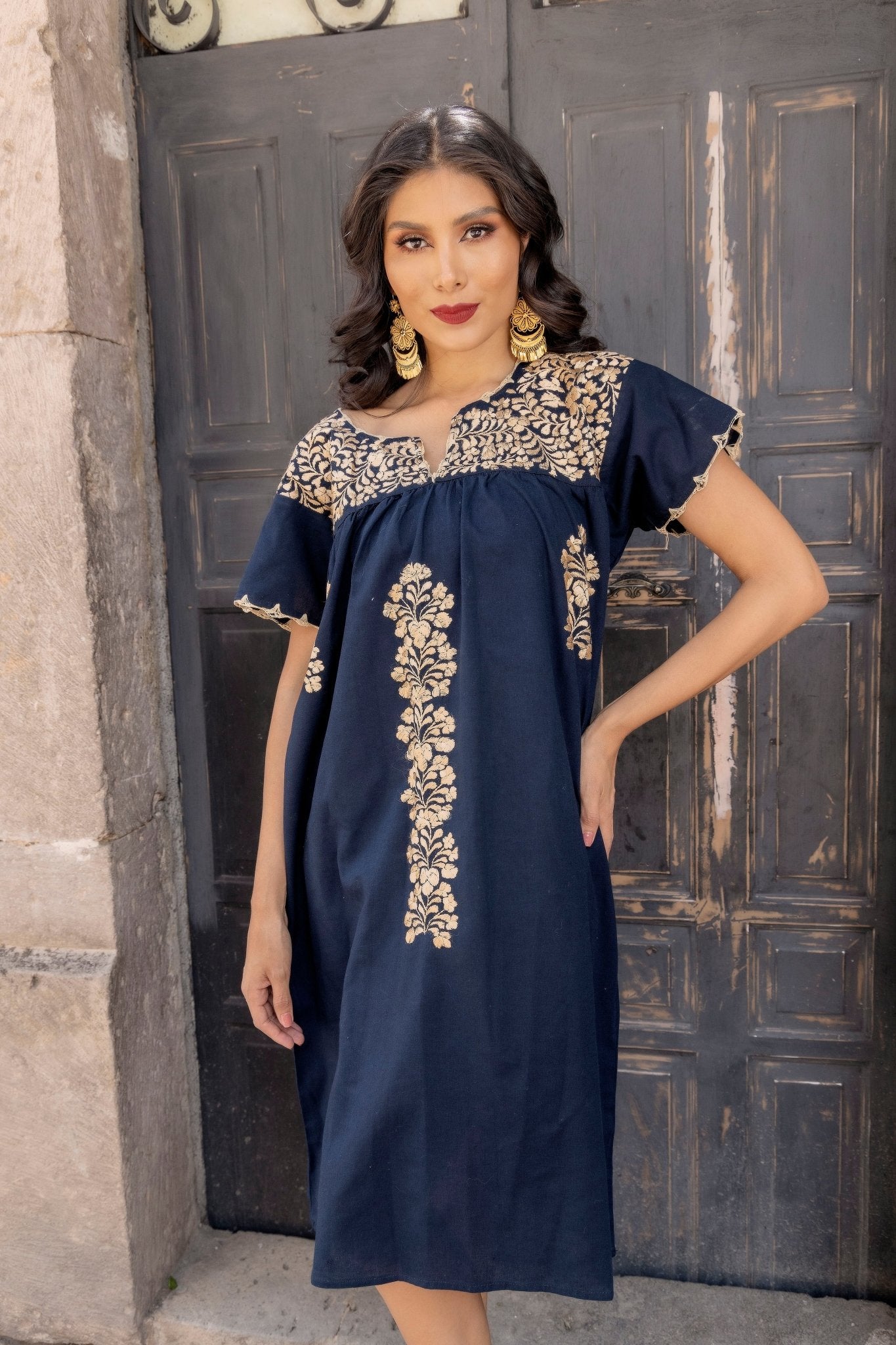 Mexican Golden Hand Embroidered Dress. Enedina Dress. - Solei Store