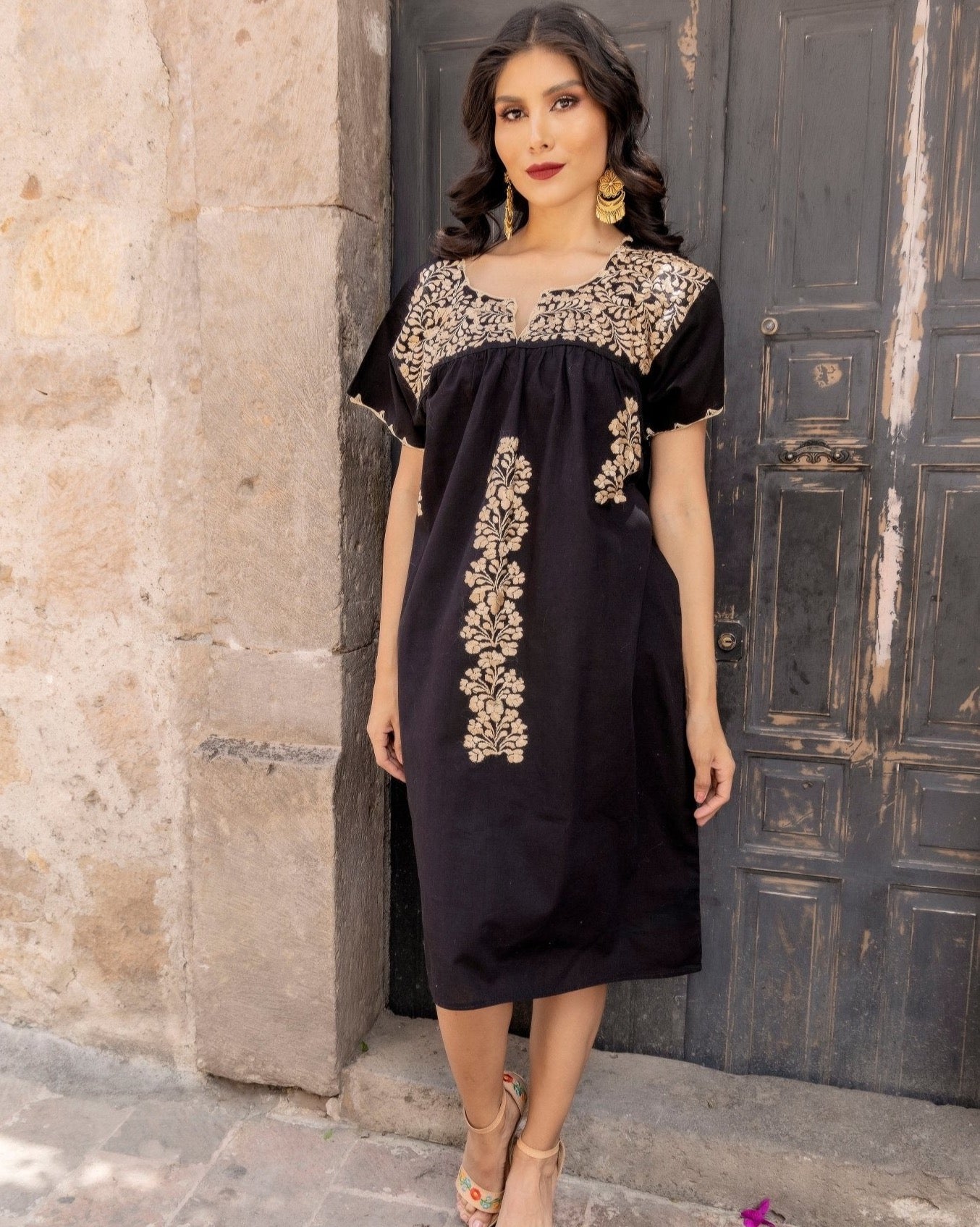 Mexican Golden Hand Embroidered Dress in Black with Gold Embroidery