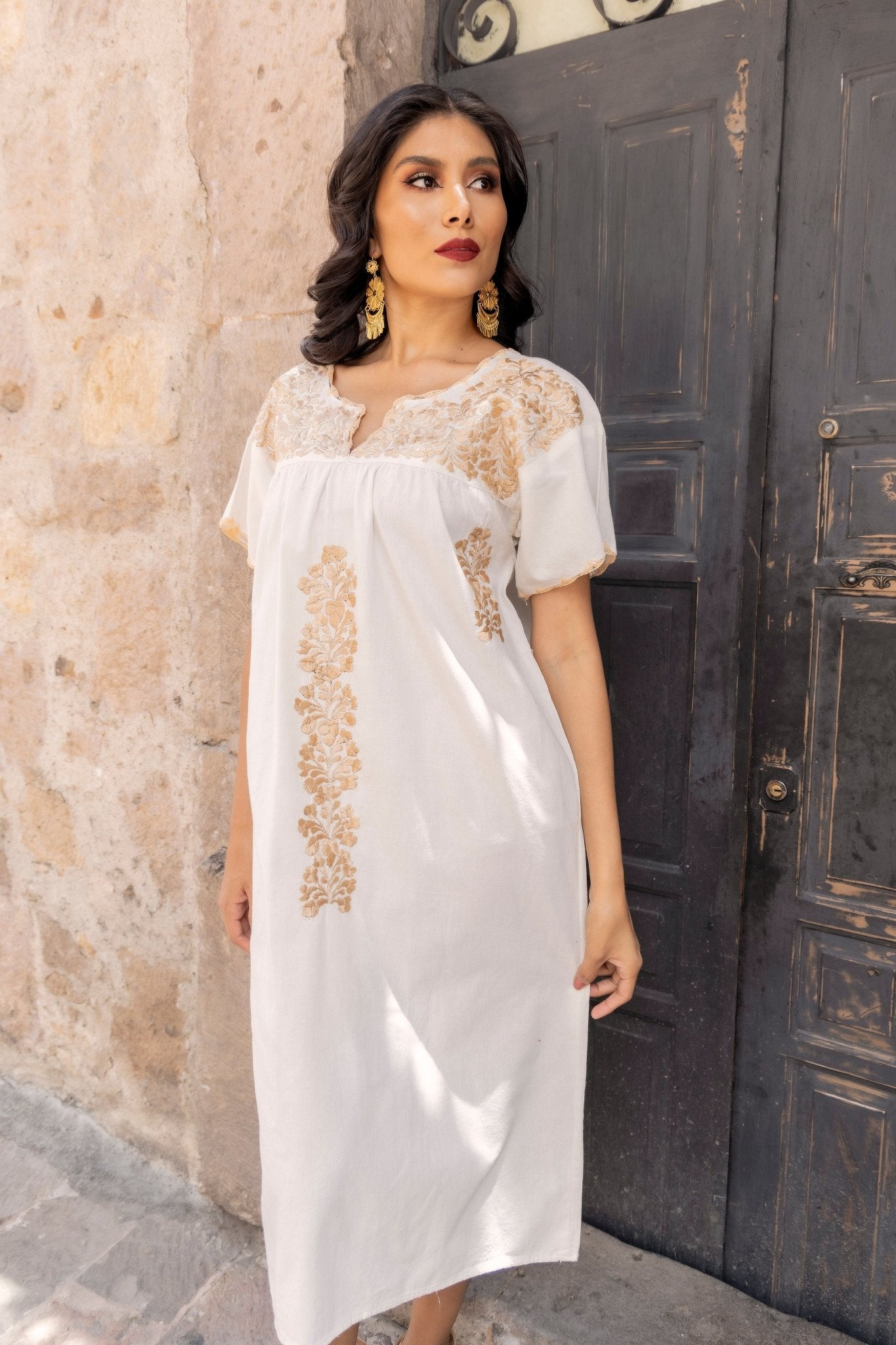 Mexican Golden Hand Embroidered Dress. Enedina Dress. - Solei Store