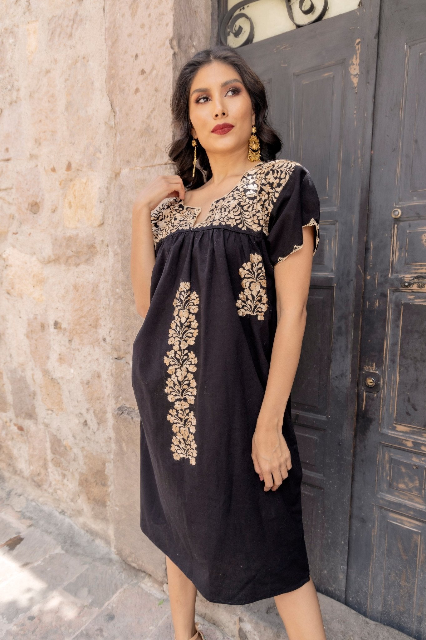 Mexican Golden Hand Embroidered Dress. Enedina Dress. - Solei Store