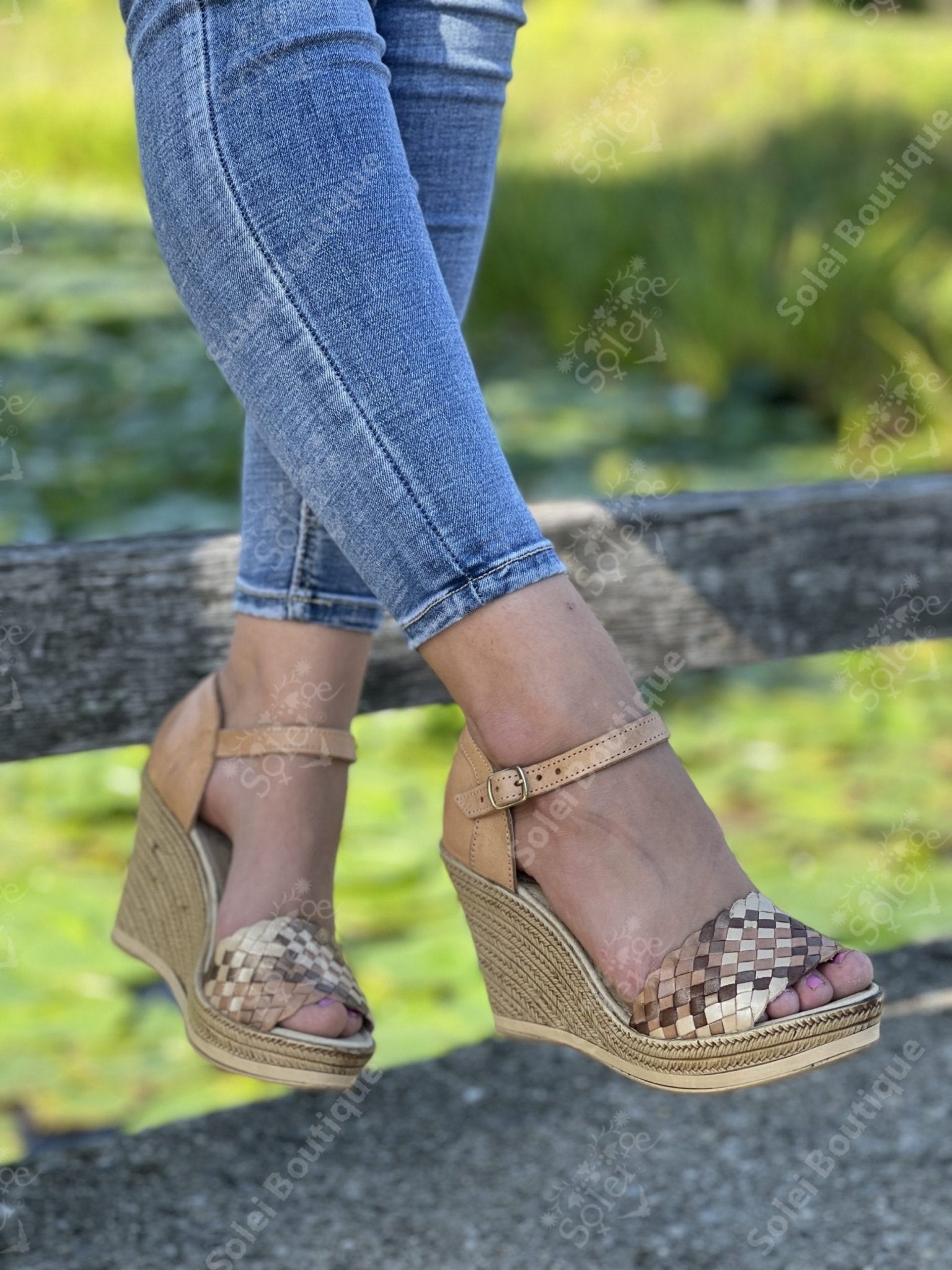 Mexican Golden Leather Wedge Heels - Solei Store