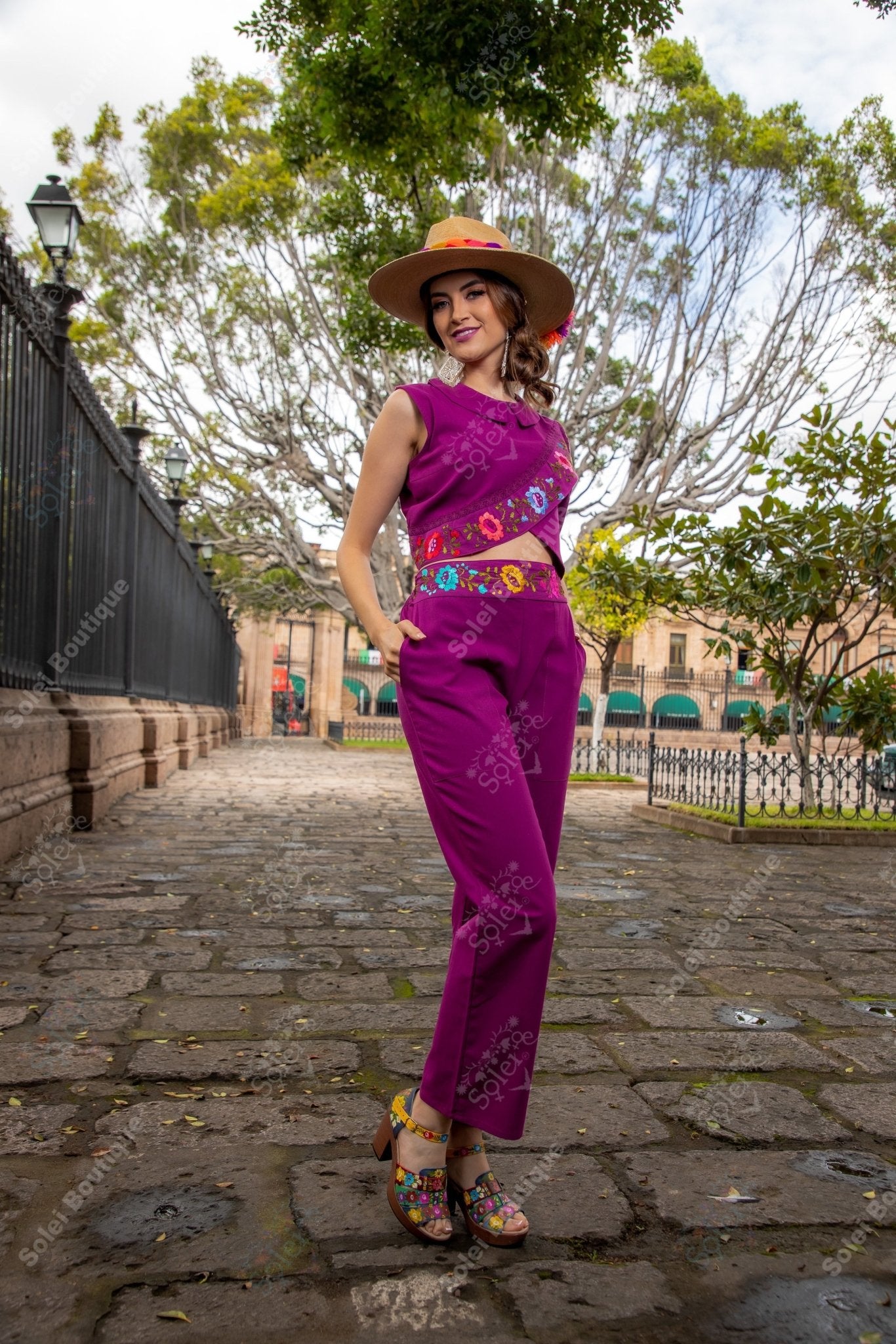 Mexican Hand Embroidered Floral 2 Piece Jumpsuit. Leonora Jumpsuit - Solei Store