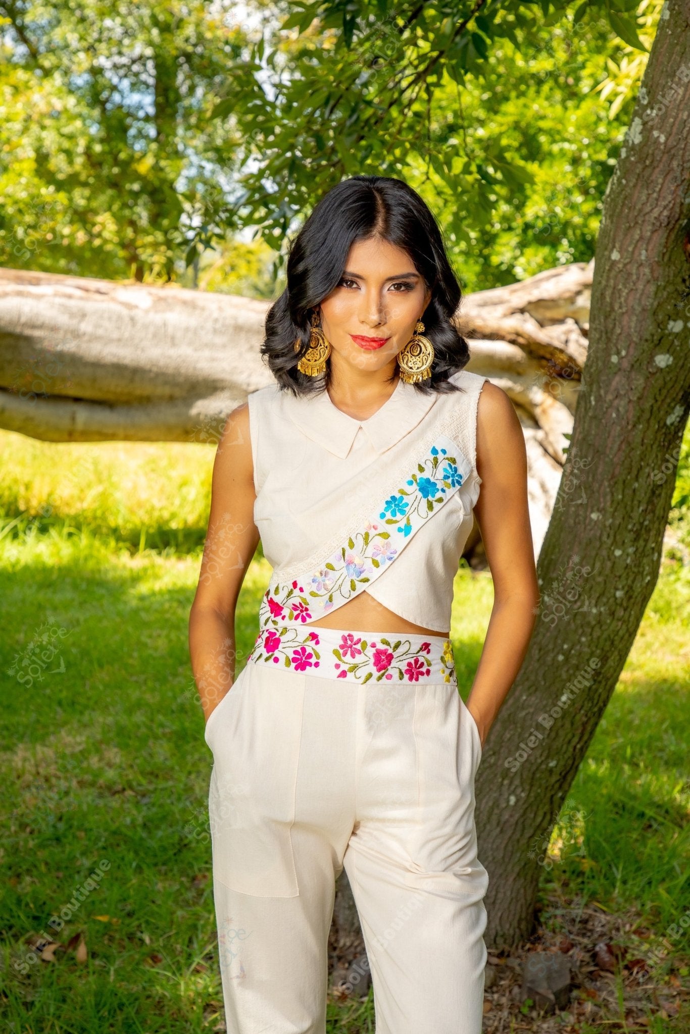 Mexican Hand Embroidered Floral 2 Piece Jumpsuit. Leonora Jumpsuit - Solei Store