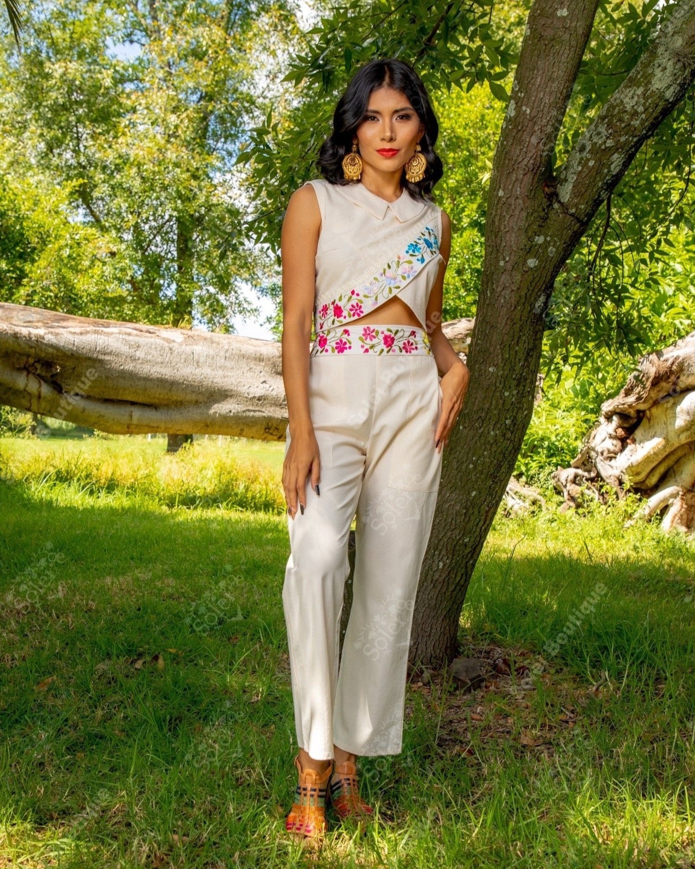 Mexican Hand Embroidered Floral 2 Piece Jumpsuit. Leonora Jumpsuit - Solei Store