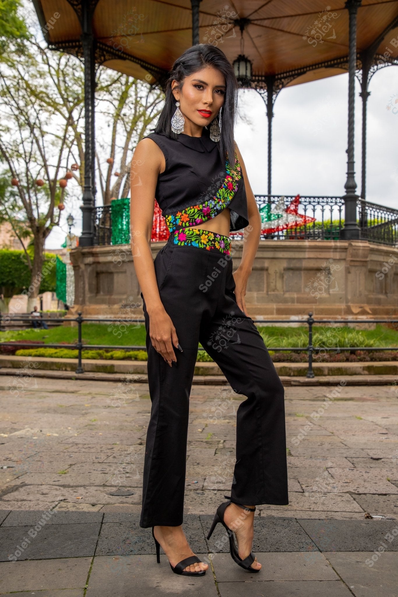 Mexican Hand Embroidered Floral 2 Piece Jumpsuit. Leonora Jumpsuit - Solei Store