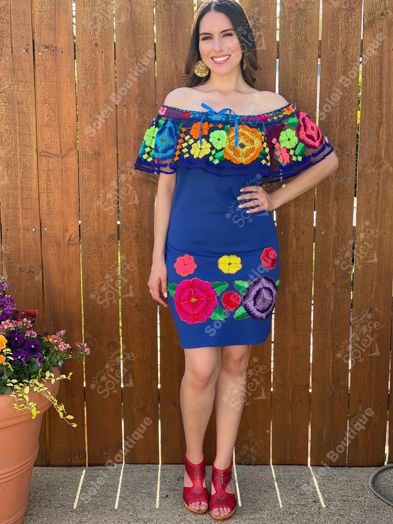 Mexican Hand Embroidered Floral Dress. Vestido Mini Chiapaneco - Solei Store