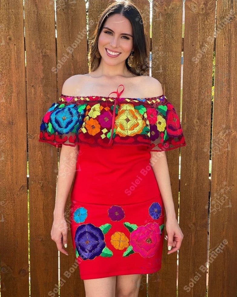 Mexican Hand Embroidered Floral Dress. Vestido Mini Chiapaneco - Solei Store