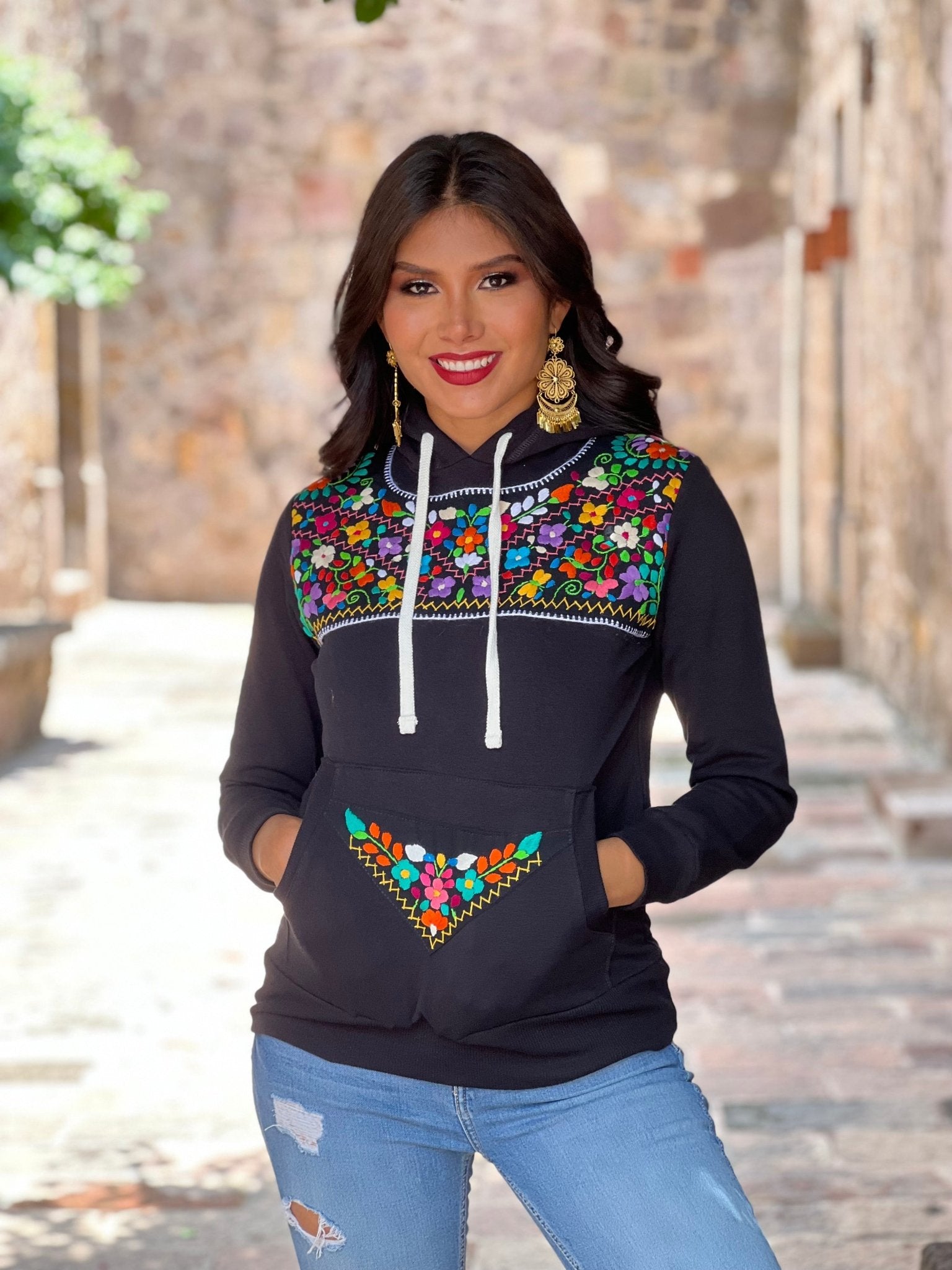 Mexican Hand Embroidered Floral Hoodie. Xochitl Hoodie - Solei Store