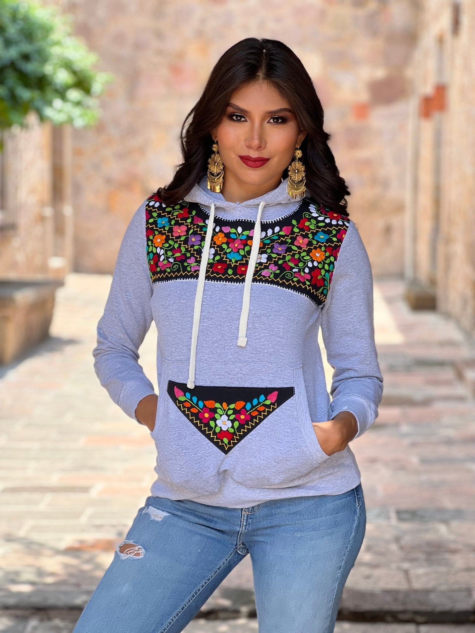 Mexican Hand Embroidered Floral Hoodie. Xochitl Hoodie - Solei Store