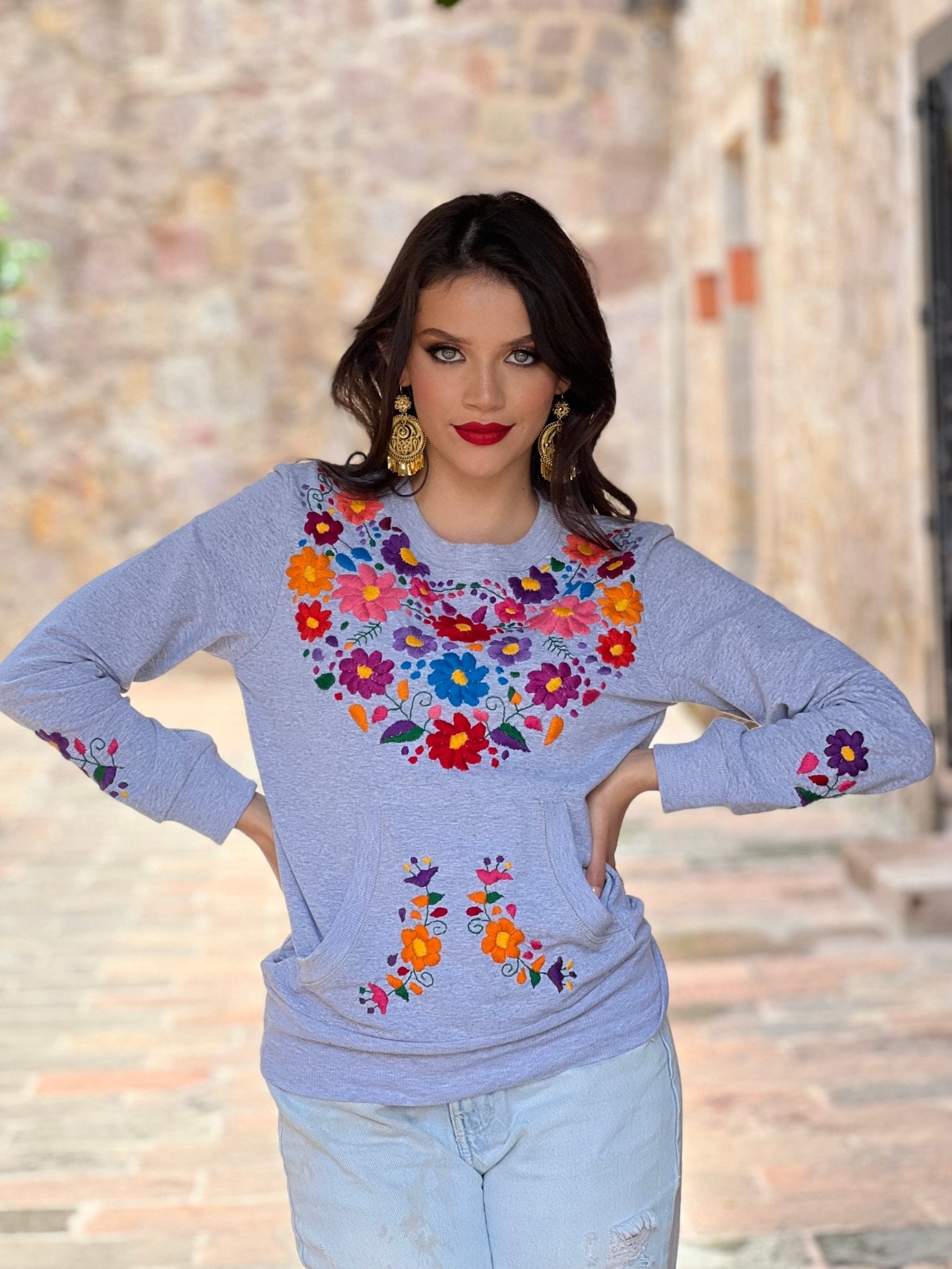 Mexican Hand Embroidered Floral Sweatshirt. Fernanda Sweatshirt - Solei Store