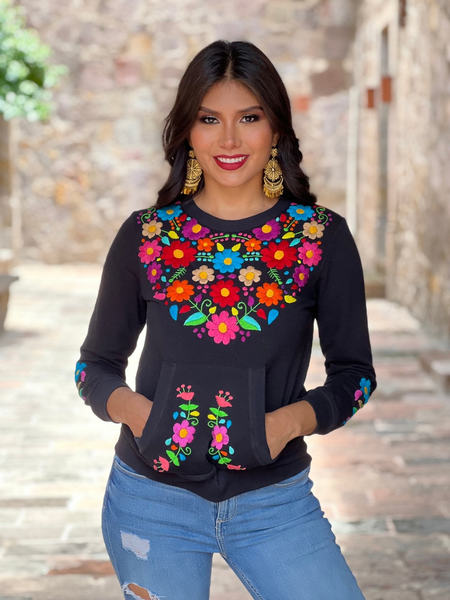 Mexican Hand Embroidered Floral Sweatshirt. Fernanda Sweatshirt - Solei Store