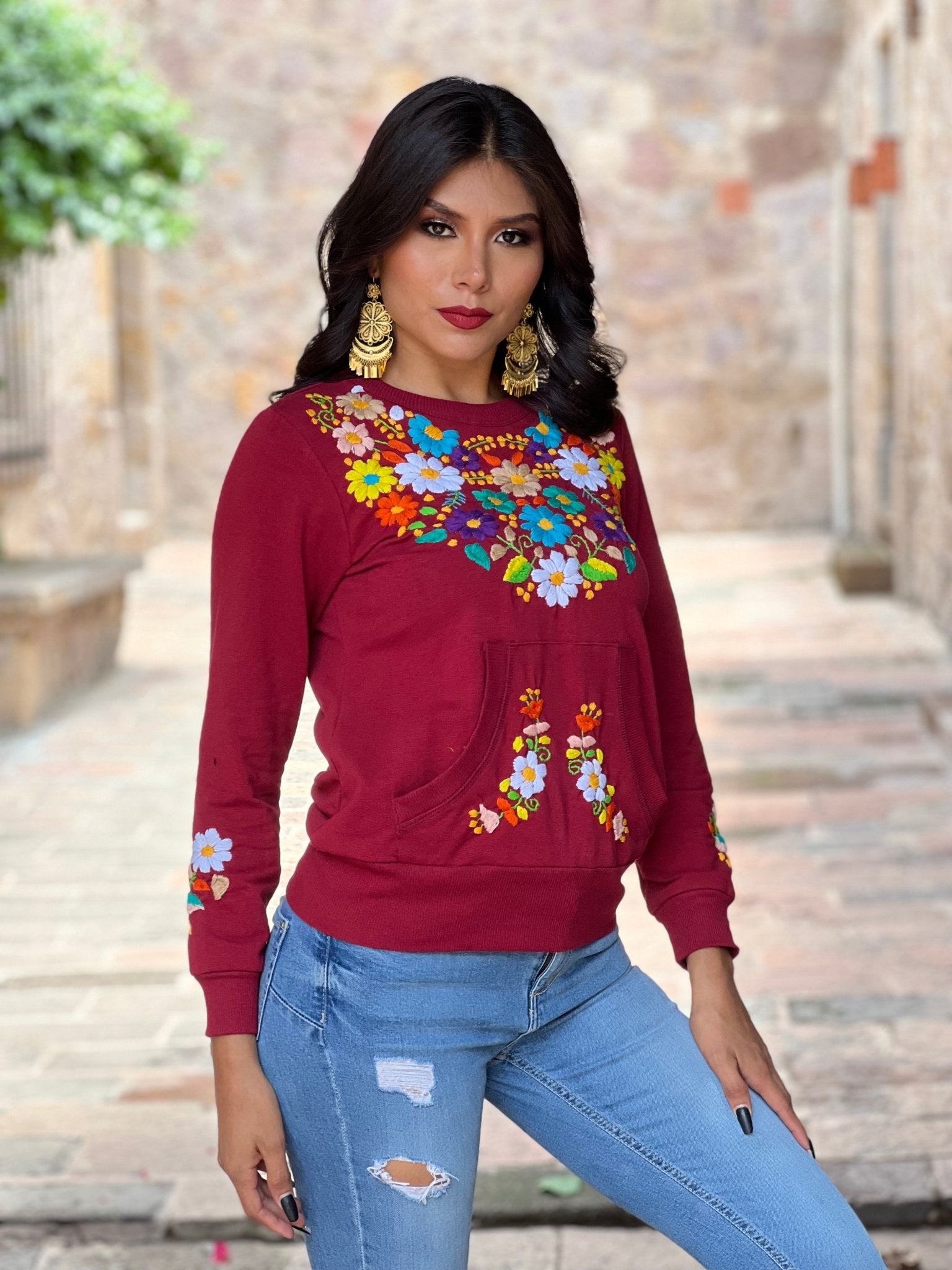 Mexican Hand Embroidered Floral Sweatshirt. Fernanda Sweatshirt - Solei Store