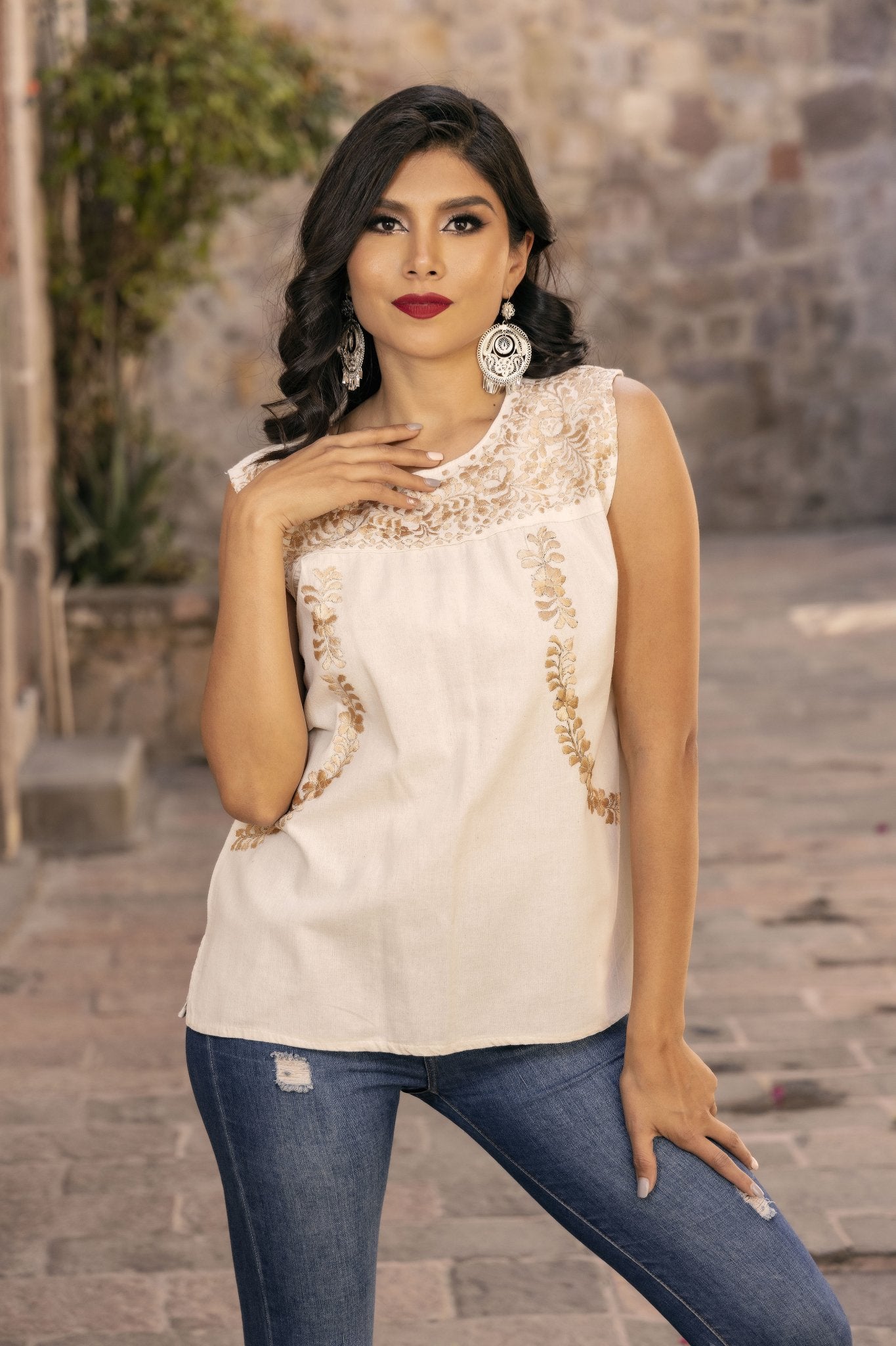 Mexican Hand Embroidered Gold Floral Top. Antonina Golden Blouse. - Solei Store