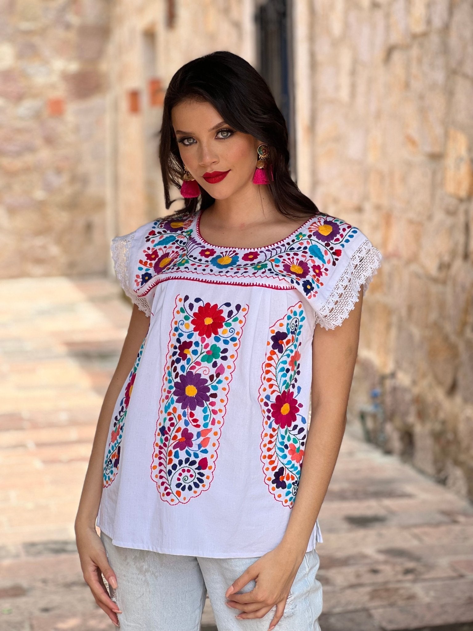 Mexican Hand Embroidered Lace Sleeve Blouse. Elvira Blouse. - Solei Store