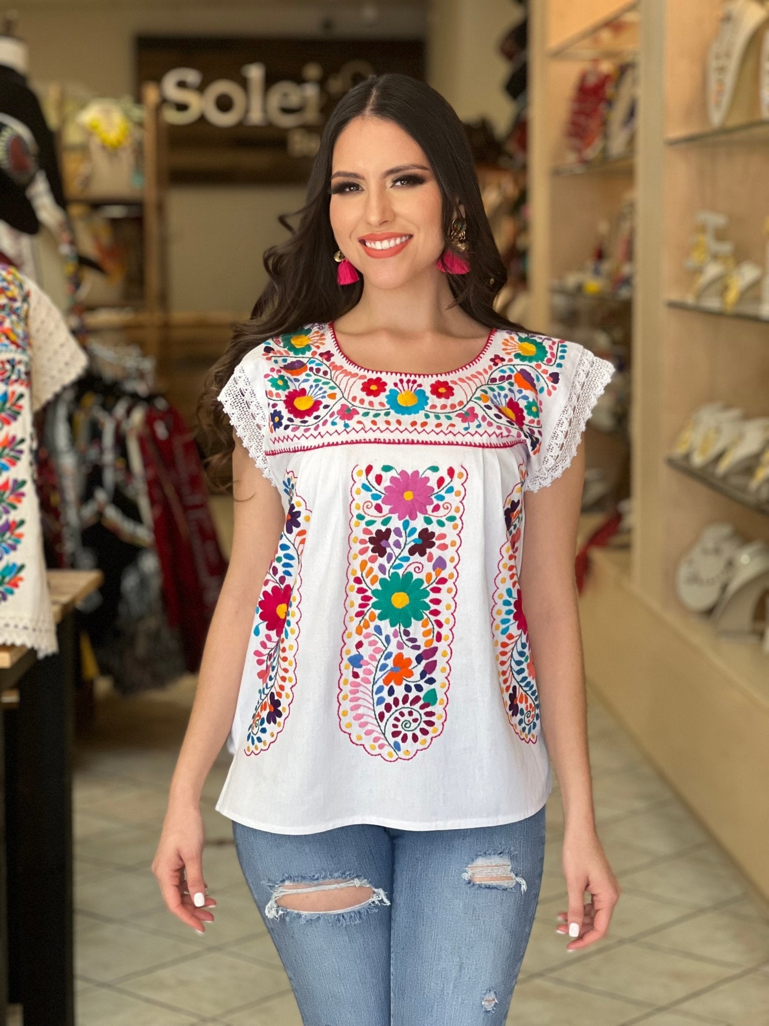 Mexican Hand Embroidered Lace Sleeve Blouse. Elvira Blouse. - Solei Store
