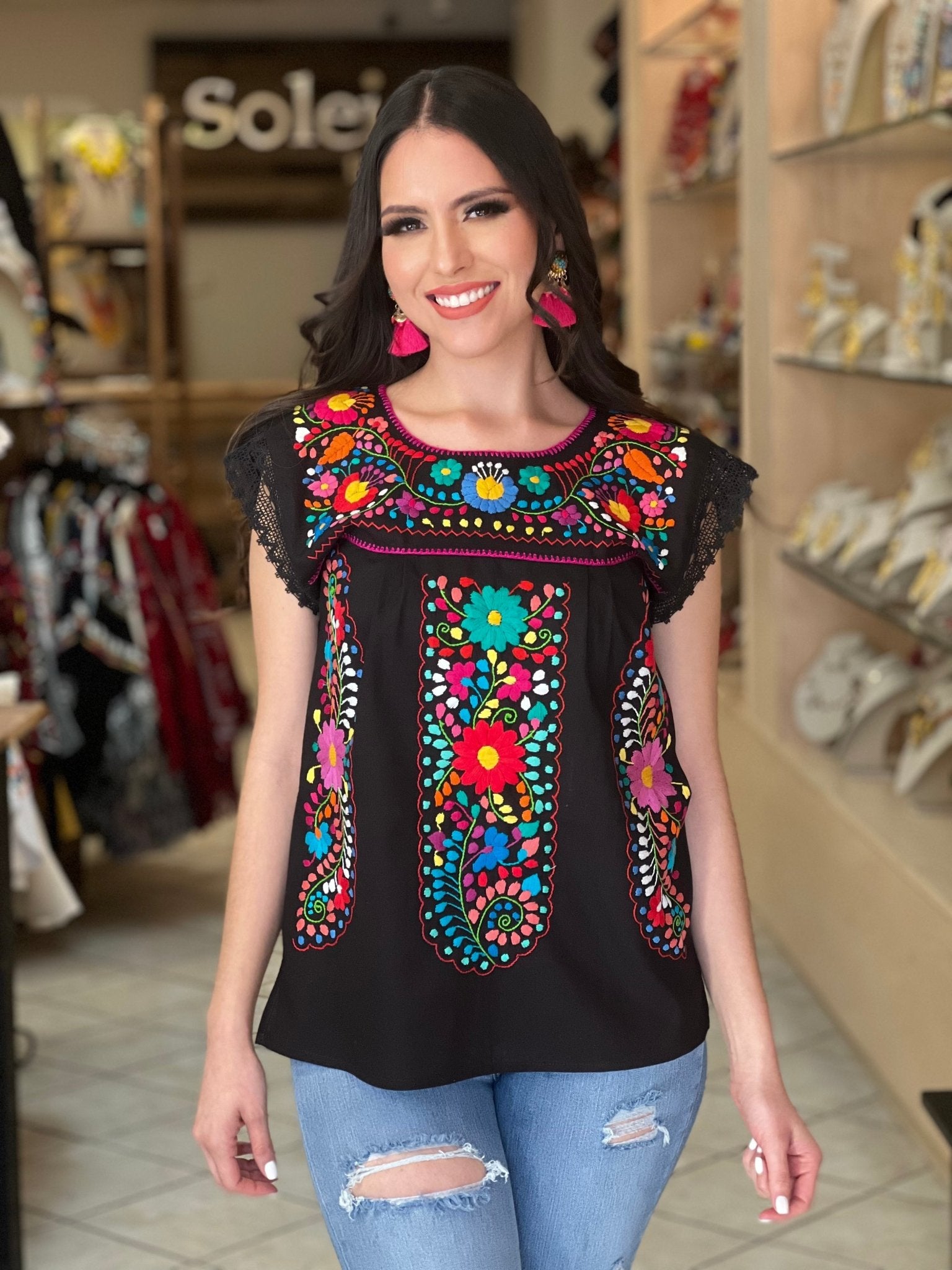 Mexican Hand Embroidered Lace Sleeve Blouse. Elvira Blouse. - Solei Store