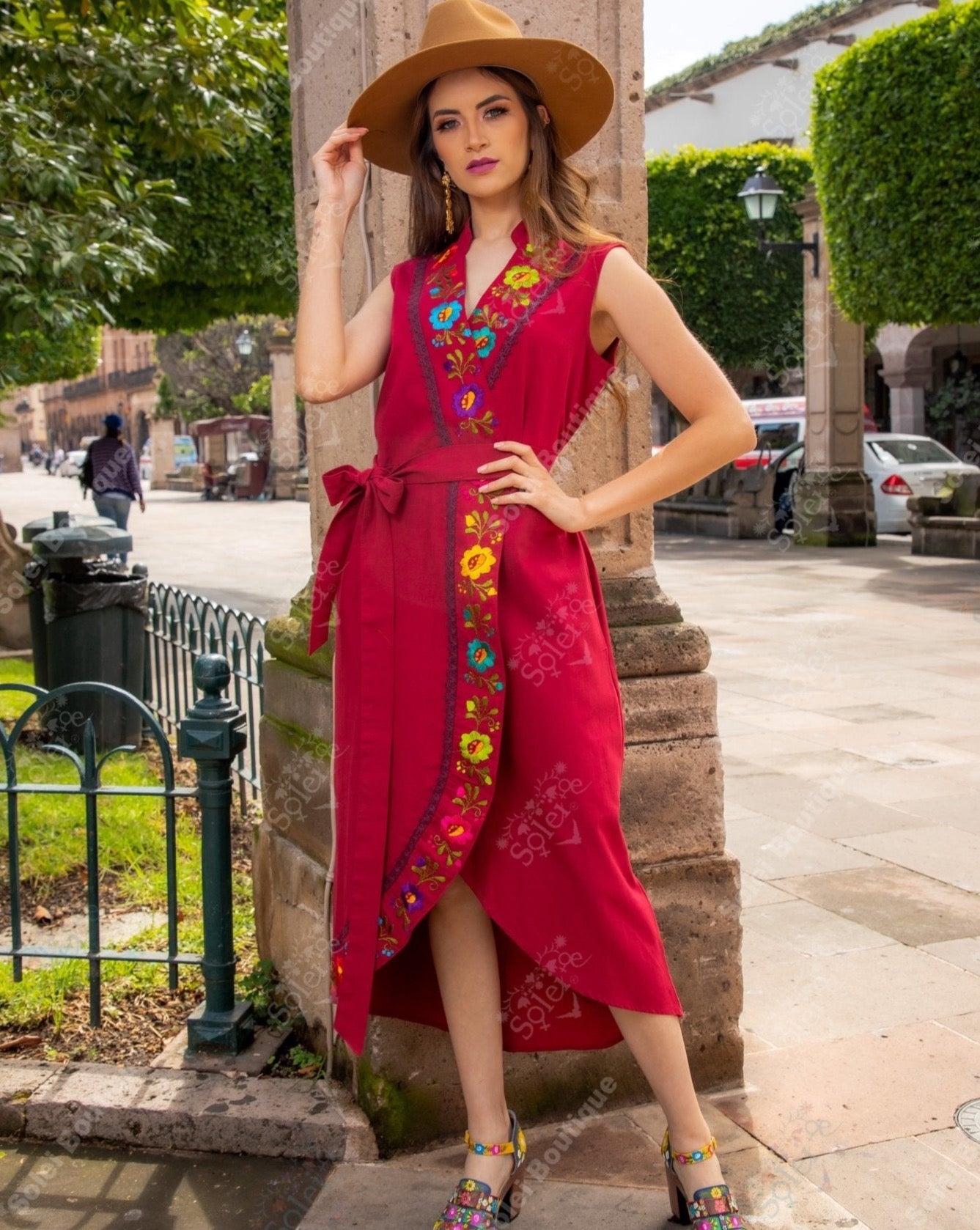 Mexican Wrap Hand Embroidered Dress in Wine