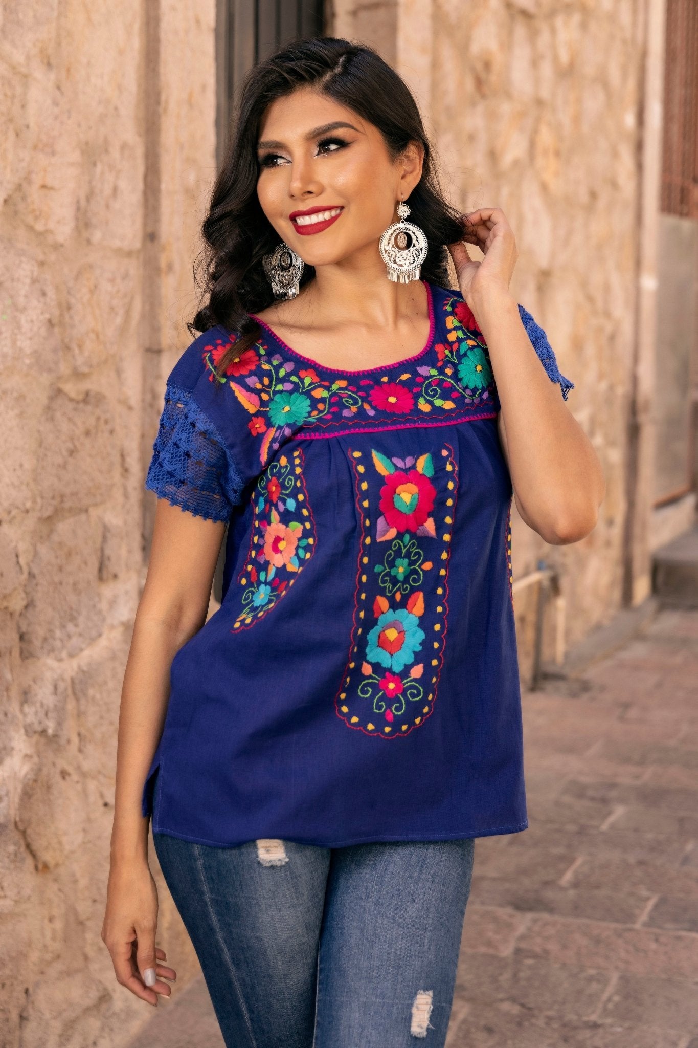 Mexican Hand Embroidered Tunic Blouse. Blusa De la Rosa. - Solei Store