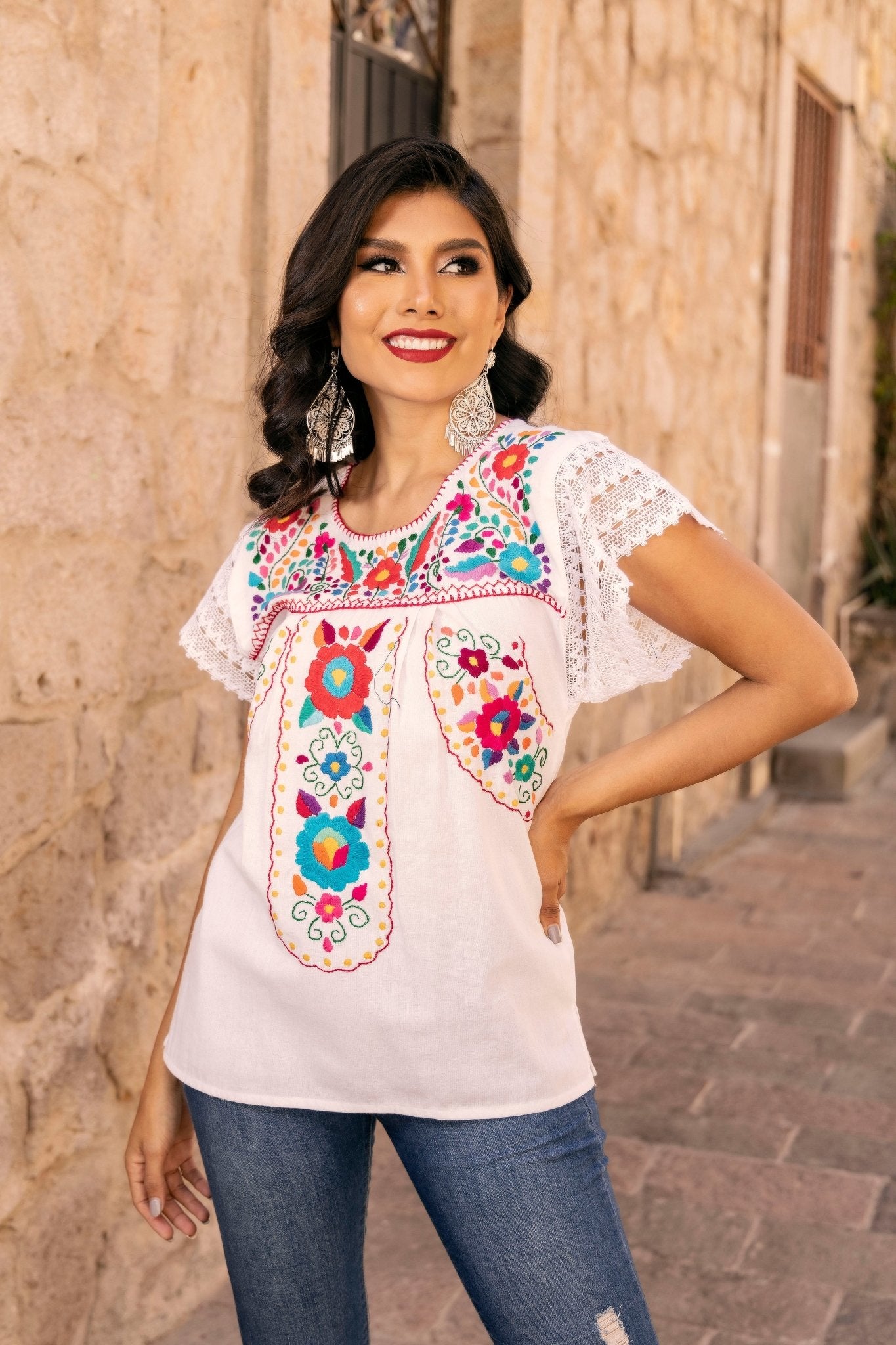 Mexican Hand Embroidered Tunic Blouse. Blusa De la Rosa. - Solei Store