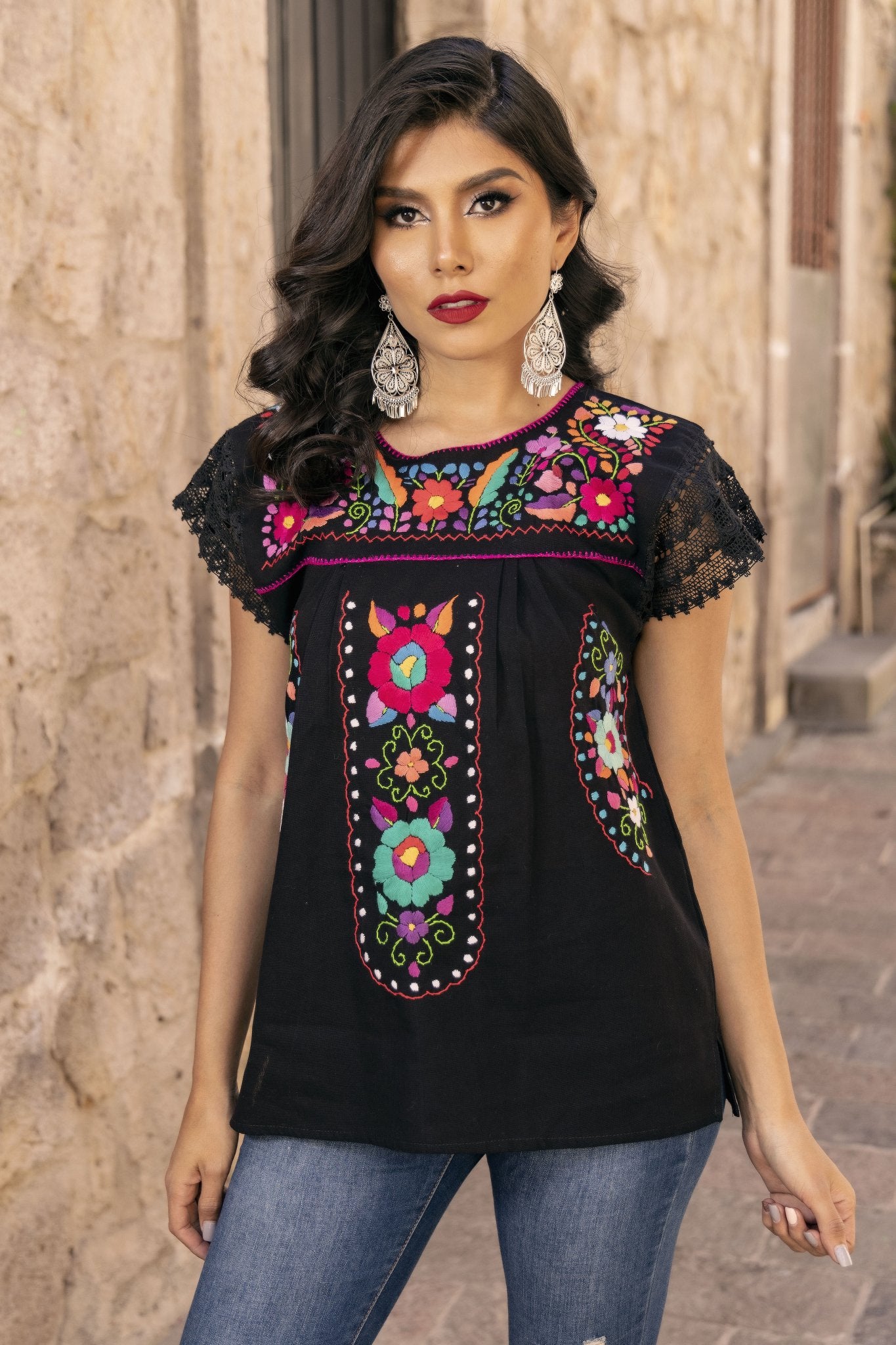 Mexican Hand Embroidered Tunic Blouse. Blusa De la Rosa. - Solei Store