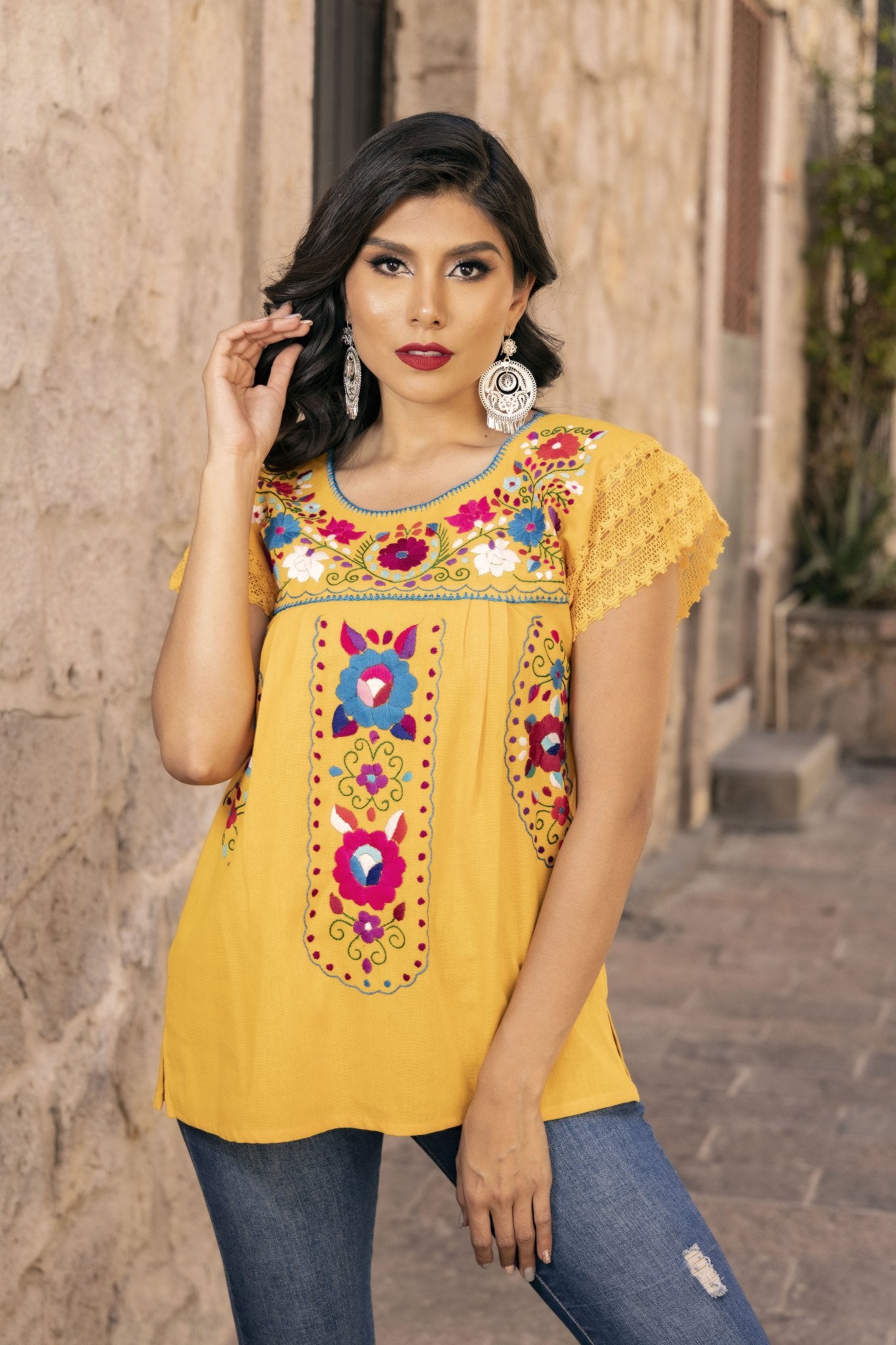 Mexican Hand Embroidered Tunic Blouse. Blusa De la Rosa. - Solei Store