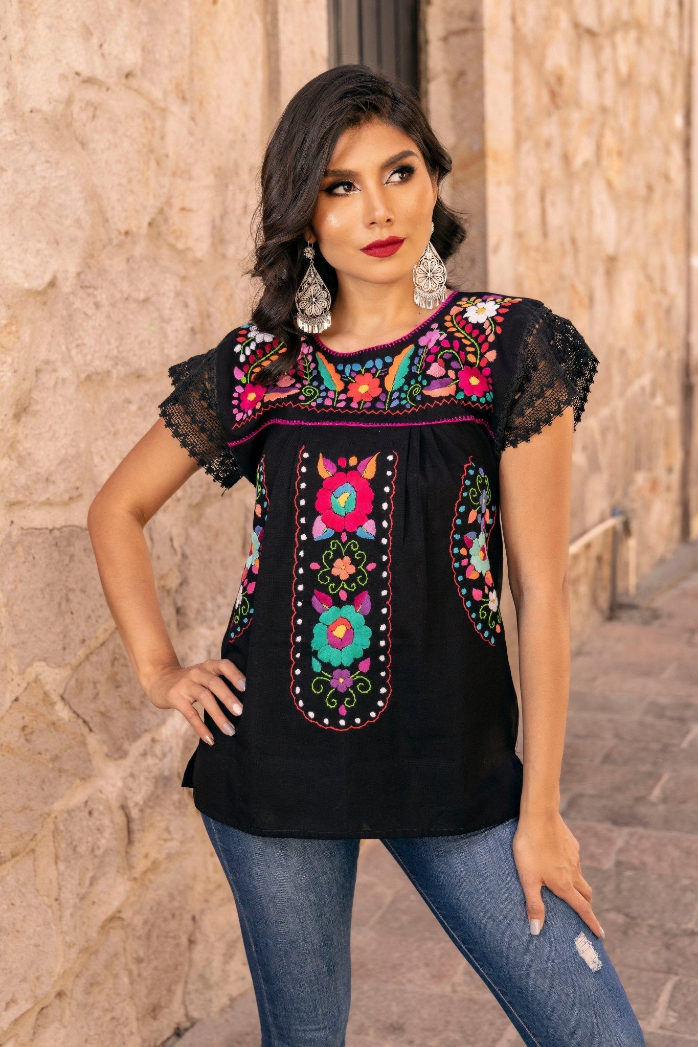 Mexican Hand Embroidered Tunic Blouse. Blusa De la Rosa. - Solei Store