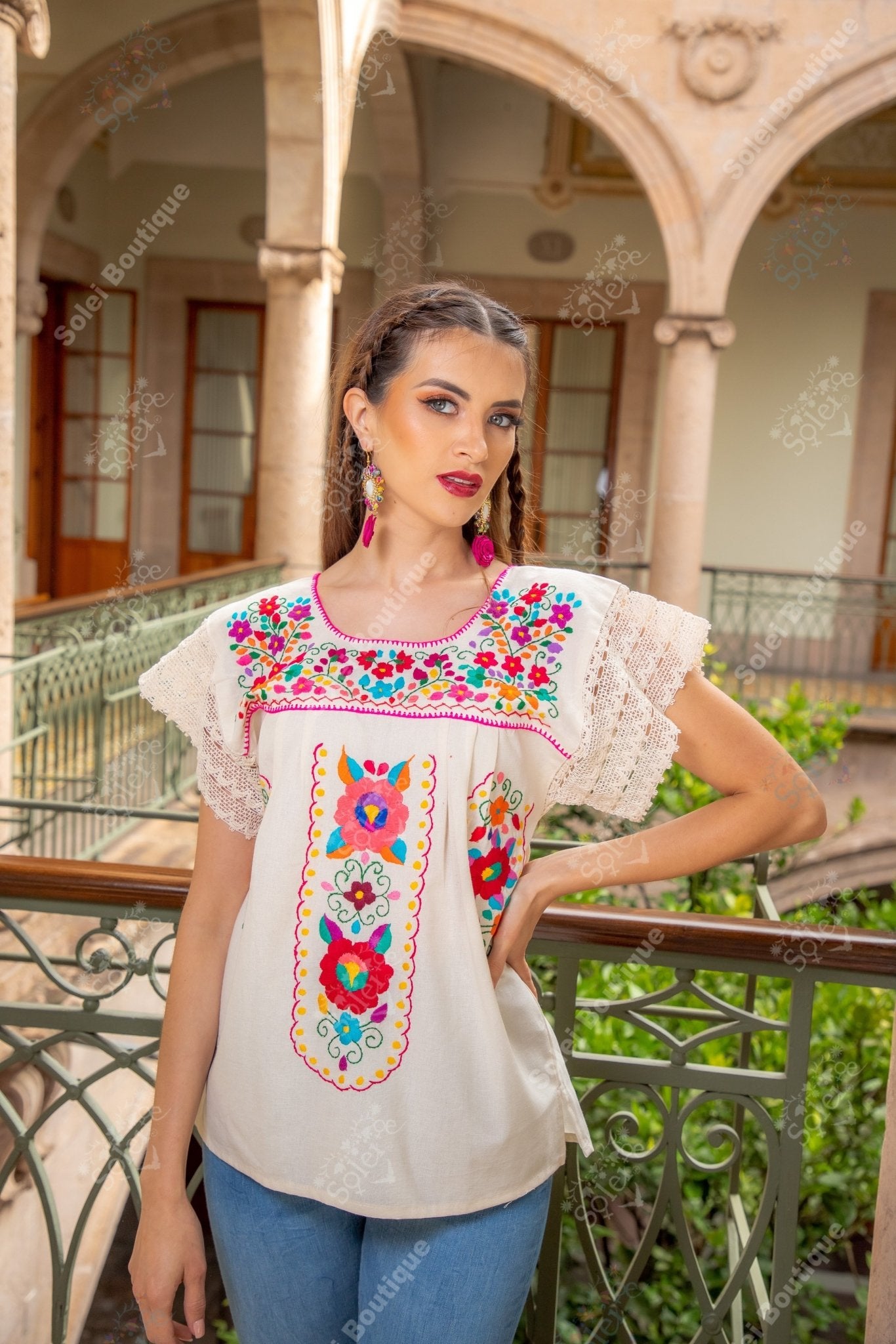 Mexican Hand Embroidered Tunic Blouse. De la Rosa Blouse. - Solei Store