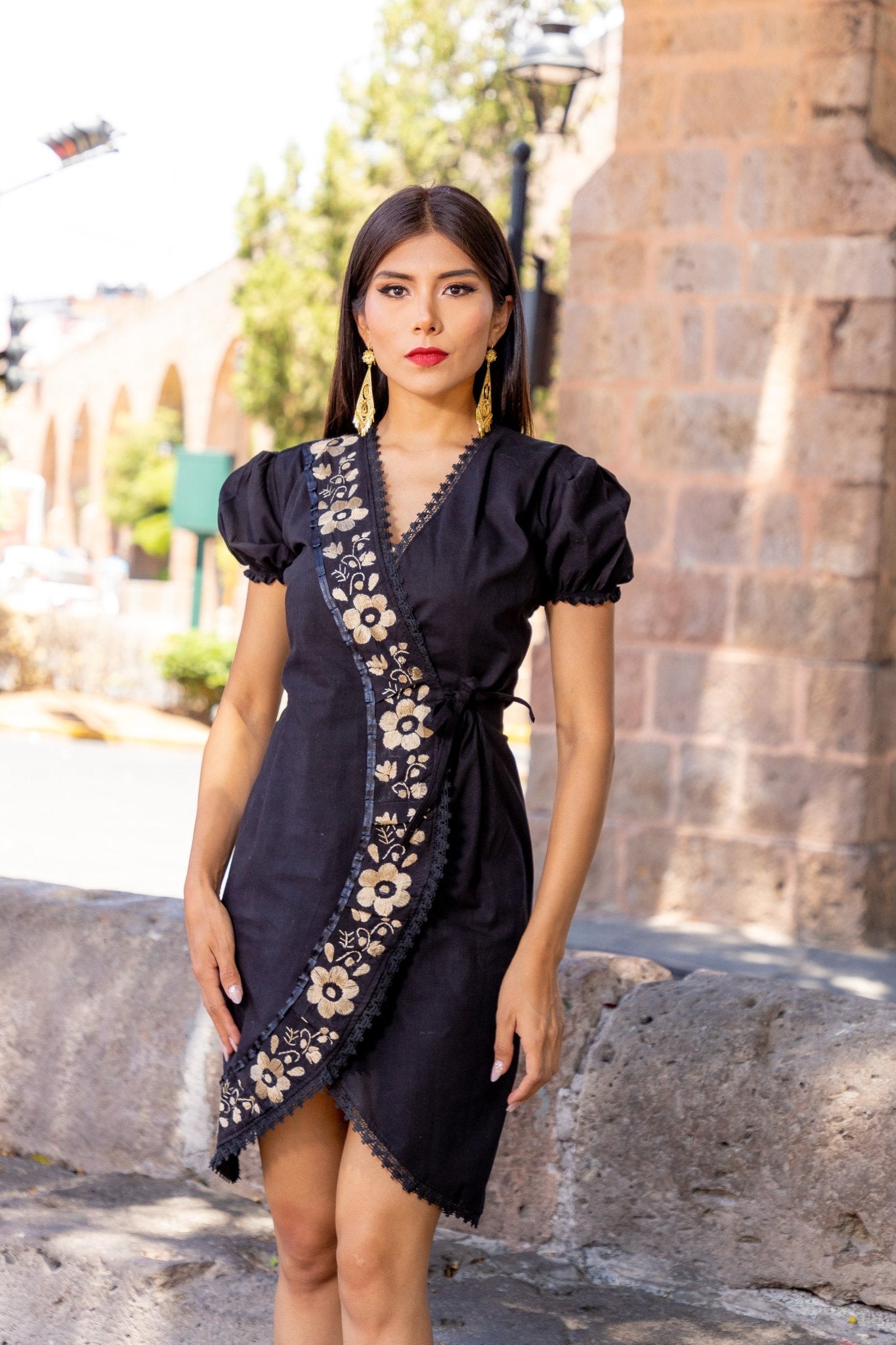 Mexican Hand Embroidered Wrap Dress in Black with Gold Embroidery