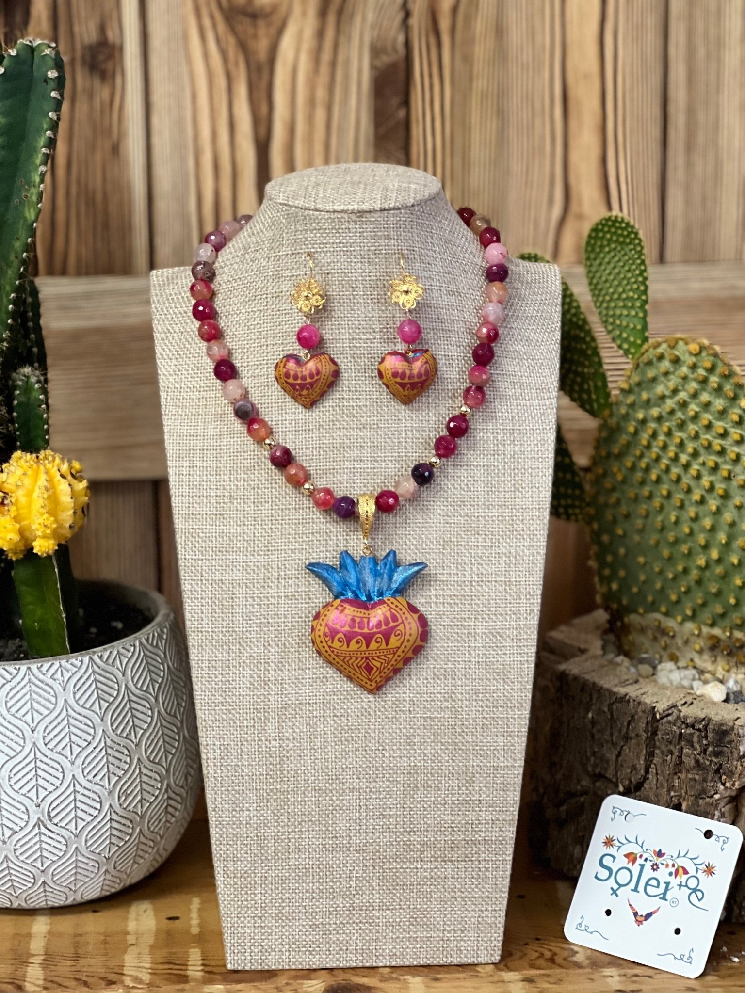 Mexican Hand Painted Heart Earrings and Necklace. Choker Filigrana y Copel. - Solei Store