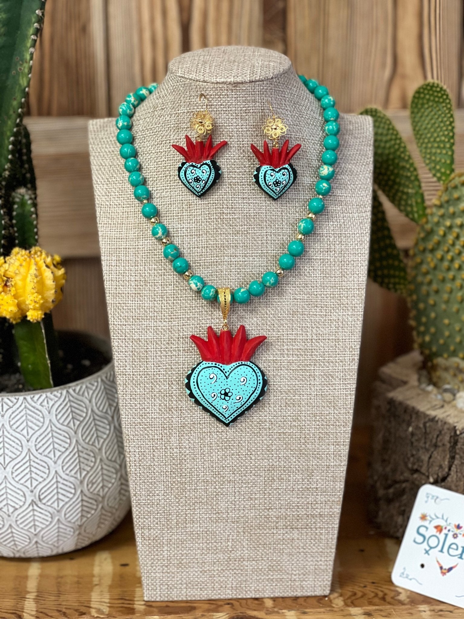 Mexican Hand Painted Heart Earrings and Necklace. Choker Filigrana y Copel. - Solei Store