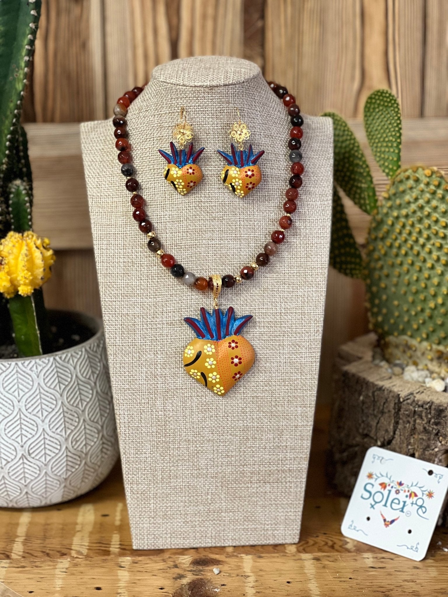 Mexican Hand Painted Heart Earrings and Necklace. Choker Filigrana y Copel. - Solei Store