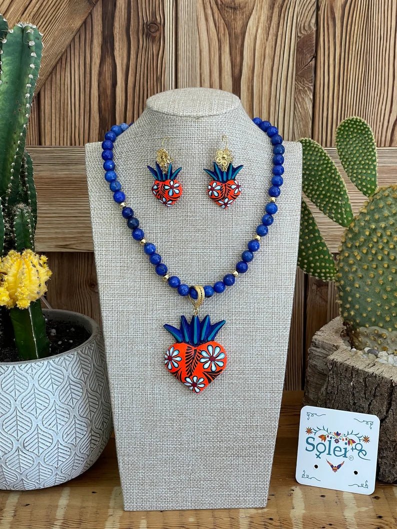 Mexican Hand Painted Heart Jewelry Set. Set Choker Copel. - Solei Store