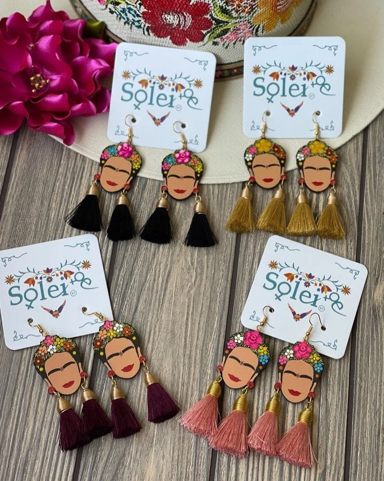 Mexican Hand Painted Silk Thread Earrings. Aretes Frida Doble Mota - Solei Store