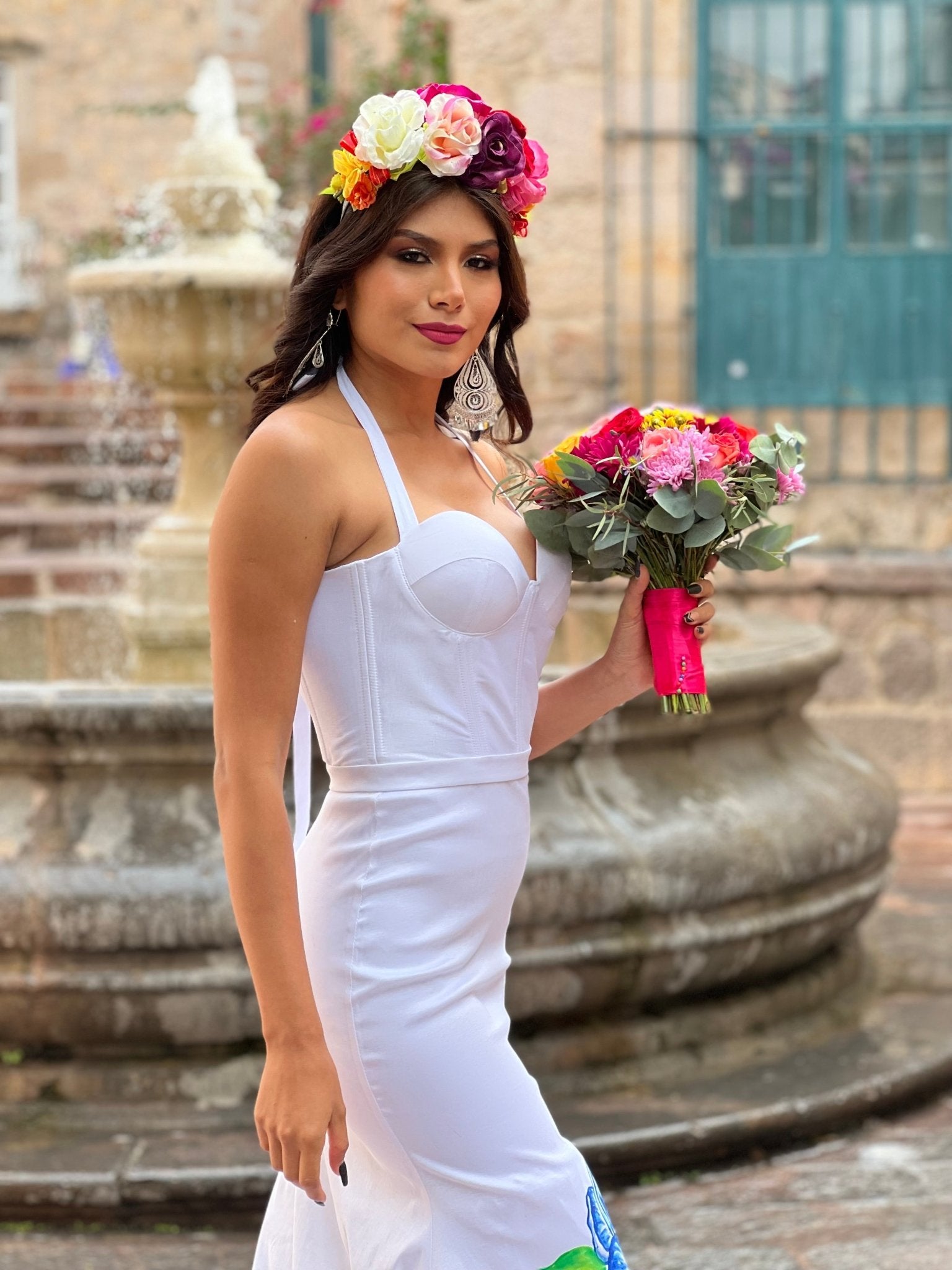 Mexican Hand Painted Wedding Dress in White
