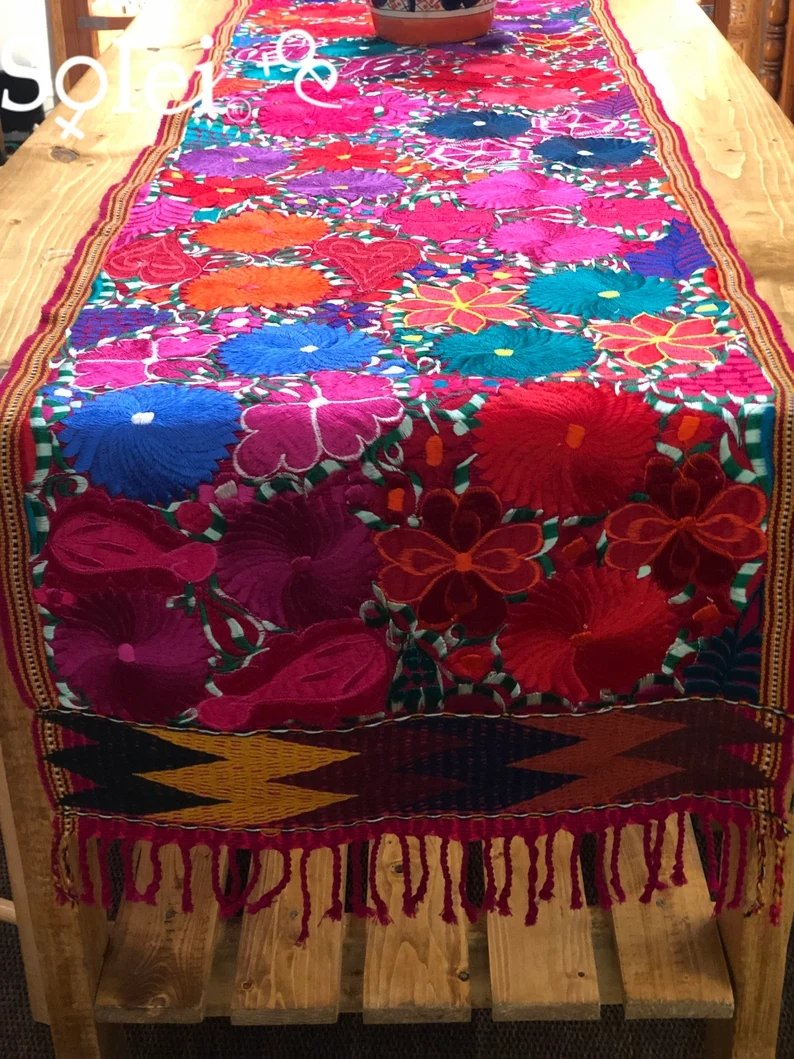 Mexican Handwoven Table Runner, Mexican Table Runner, Embroidered Table Runner. Camino de Mesa - Solei Store