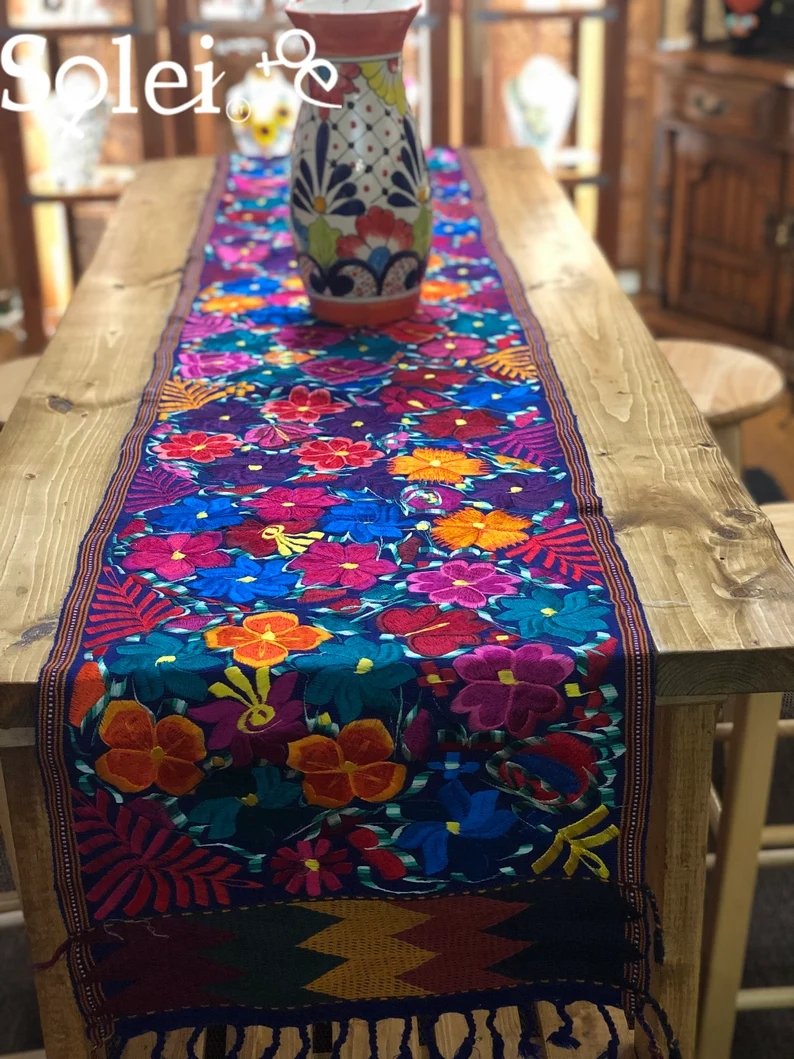 Mexican Handwoven Table Runner, Mexican Table Runner, Embroidered Table Runner. Camino de Mesa - Solei Store