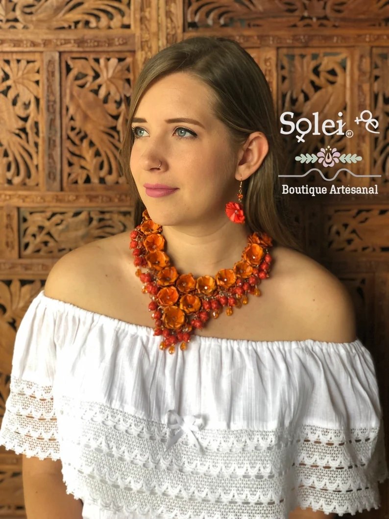 Mexican Jewerly Set. Palm Leaf Flower Necklace and Earrings. Collar de Palma Corto - Solei Store